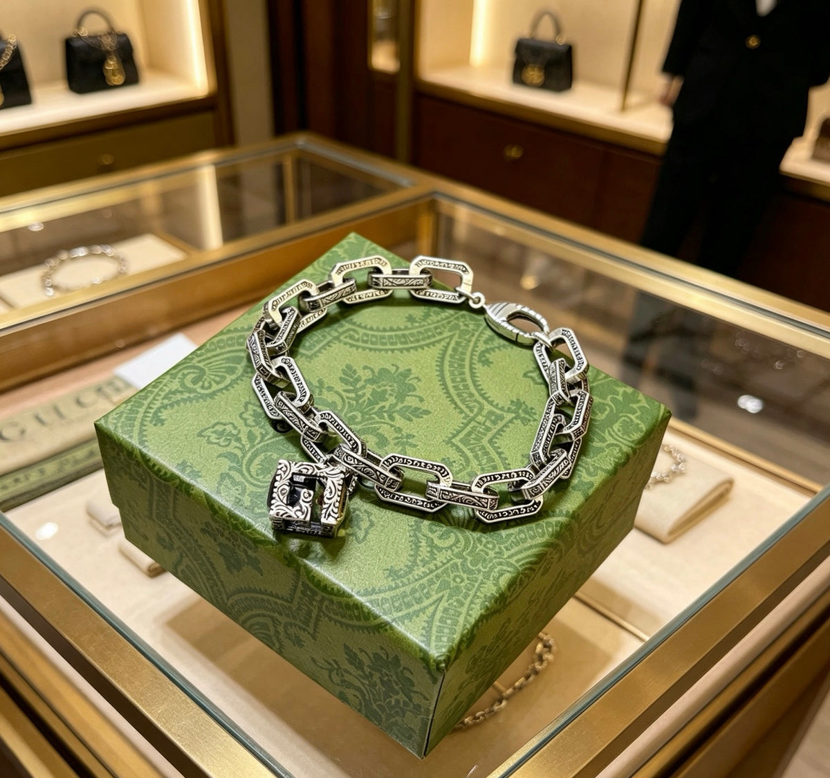 Geometric Emblem Bracelet in Polished Metal-Tone – Design 077 close-up detail