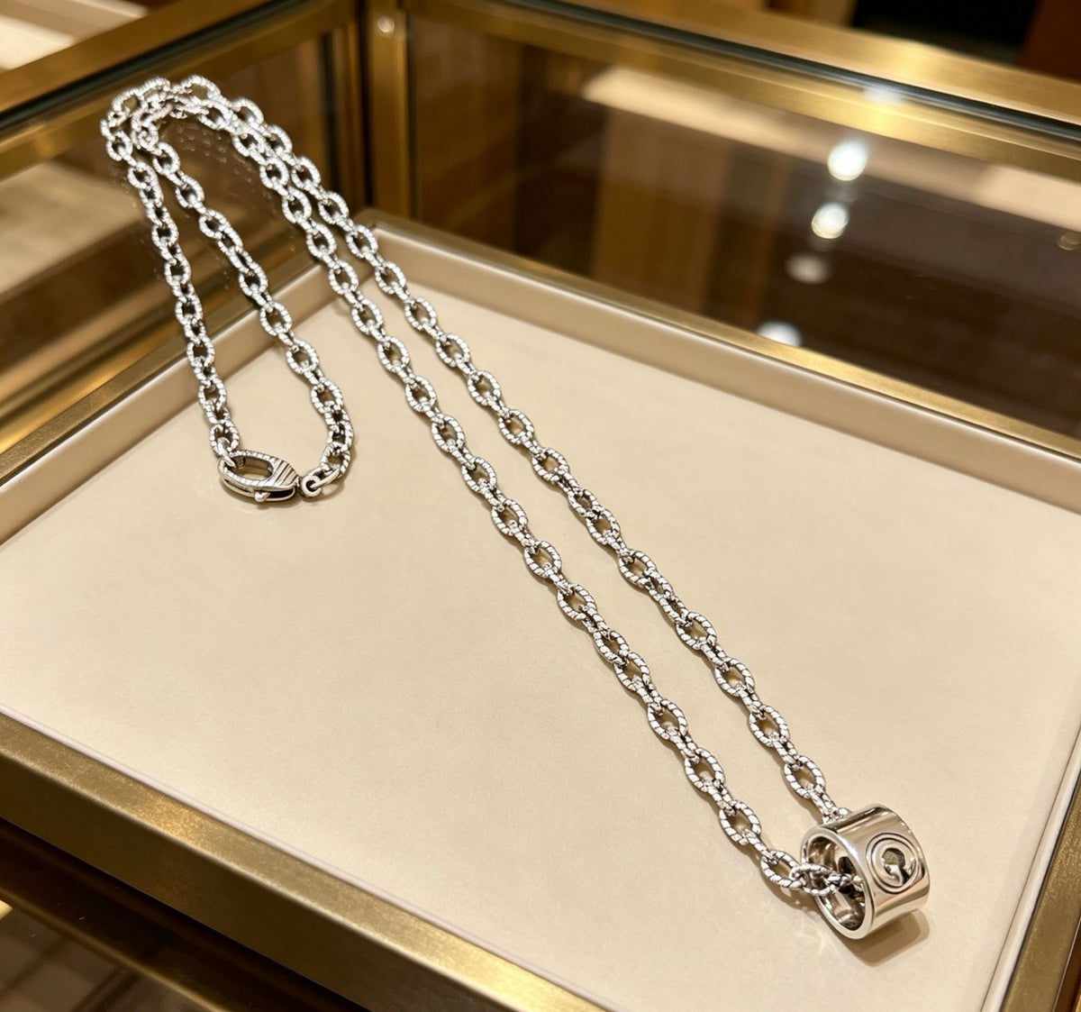 Double-G Emblem Pendant Necklace in Polished Metal-Tone – Design 148 front product view