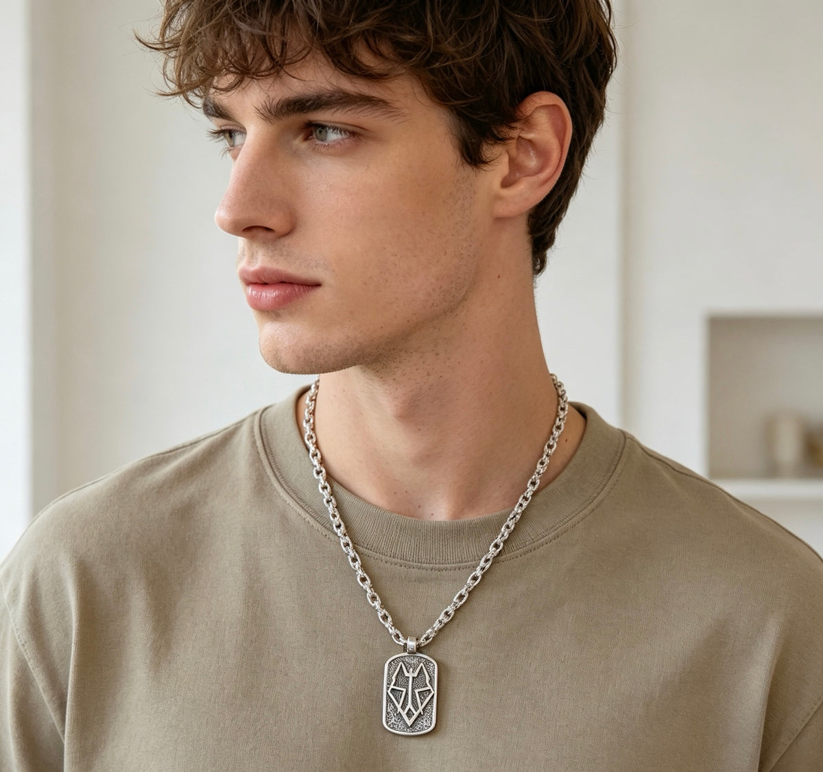Double-G Emblem Pendant Necklace in Polished Metal-Tone – Design 147 detail view