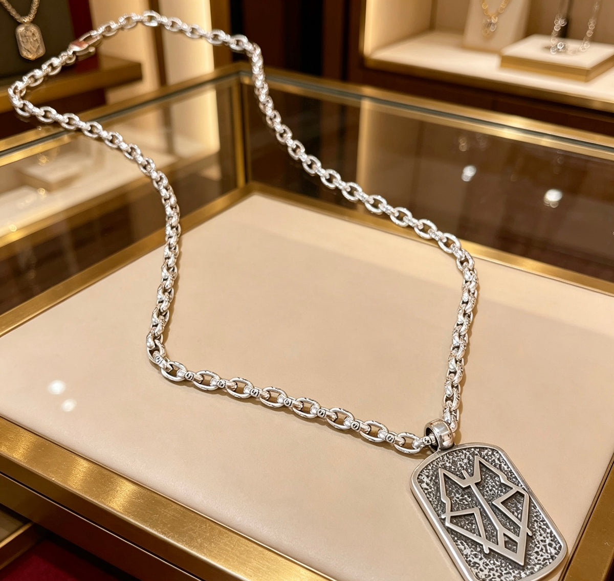 Double-G Emblem Pendant Necklace in Polished Metal-Tone – Design 147 front product view