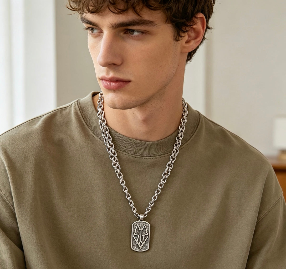 Double-G Emblem Pendant Necklace in Polished Metal-Tone – Design 147 styled product view