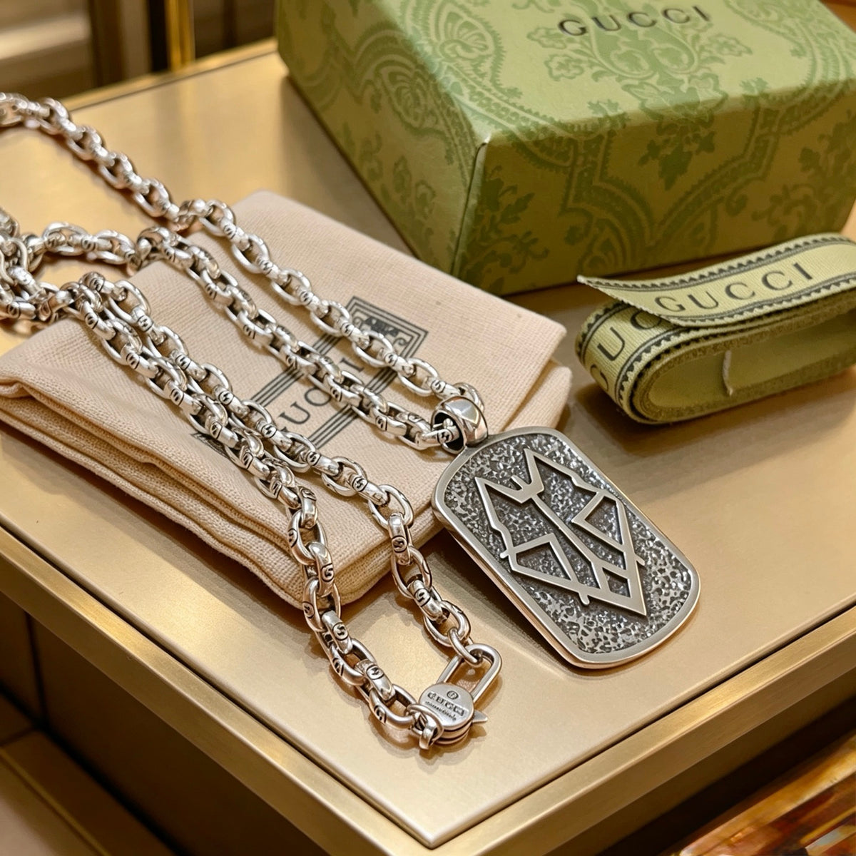 Double-G Emblem Pendant Necklace in Polished Metal-Tone – Design 147 main product view