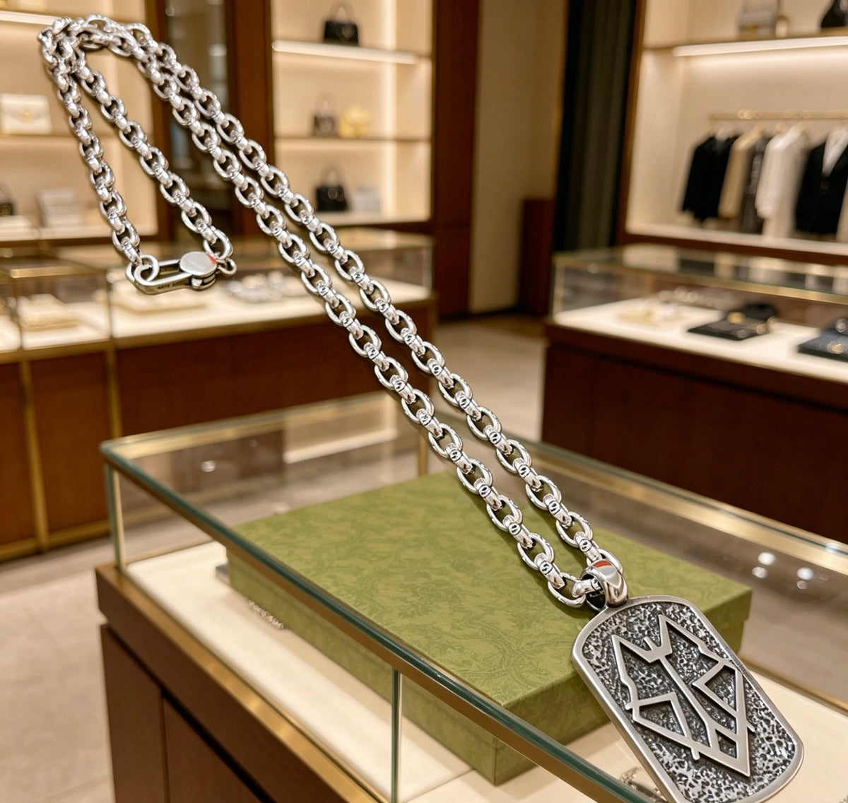Double-G Emblem Pendant Necklace in Polished Metal-Tone – Design 147 front product view