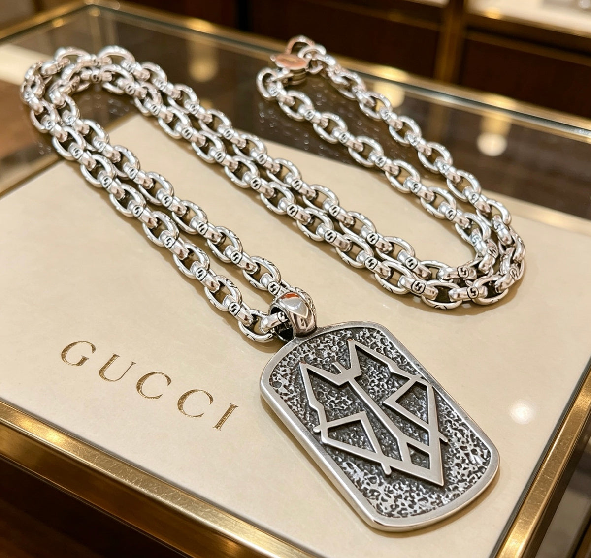 Double-G Emblem Pendant Necklace in Polished Metal-Tone – Design 147 main product view