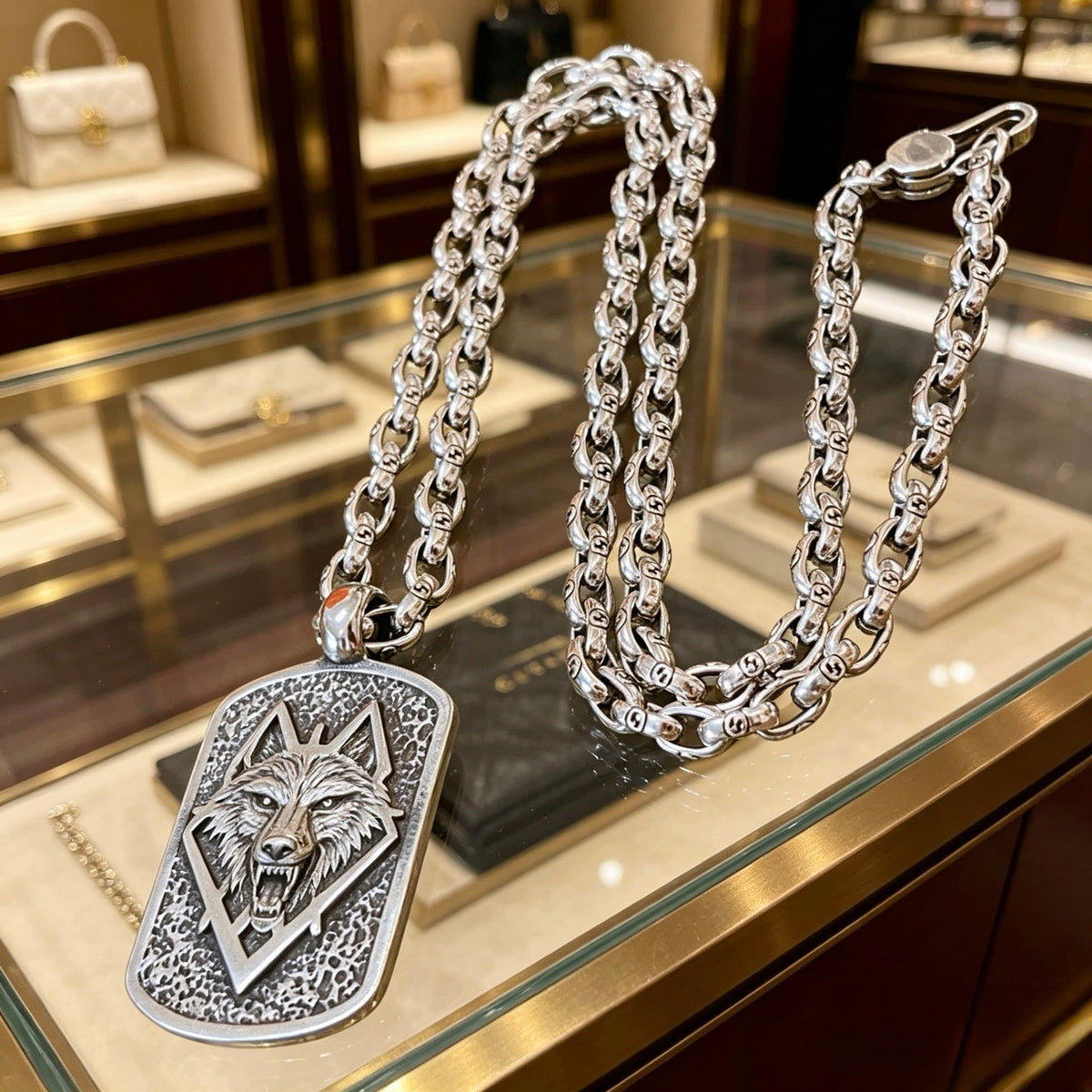 Double-G Emblem Pendant Necklace in Polished Metal-Tone – Design 147 close-up detail