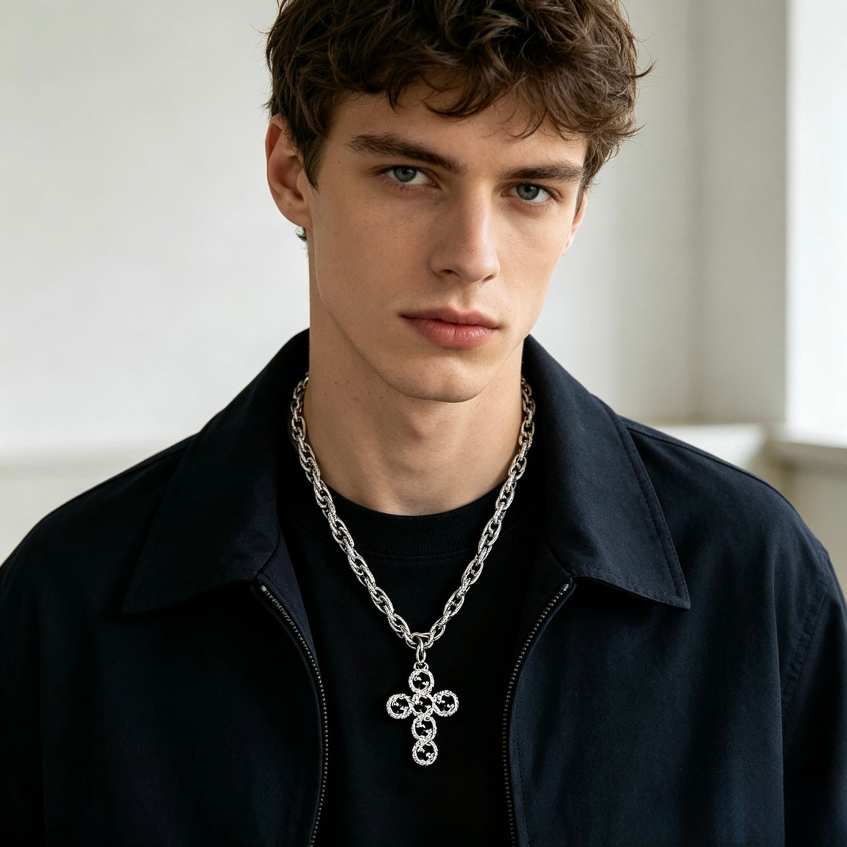 Double-G Emblem Pendant Necklace in Polished Metal-Tone – Vintage Detail – Design 039 front product view