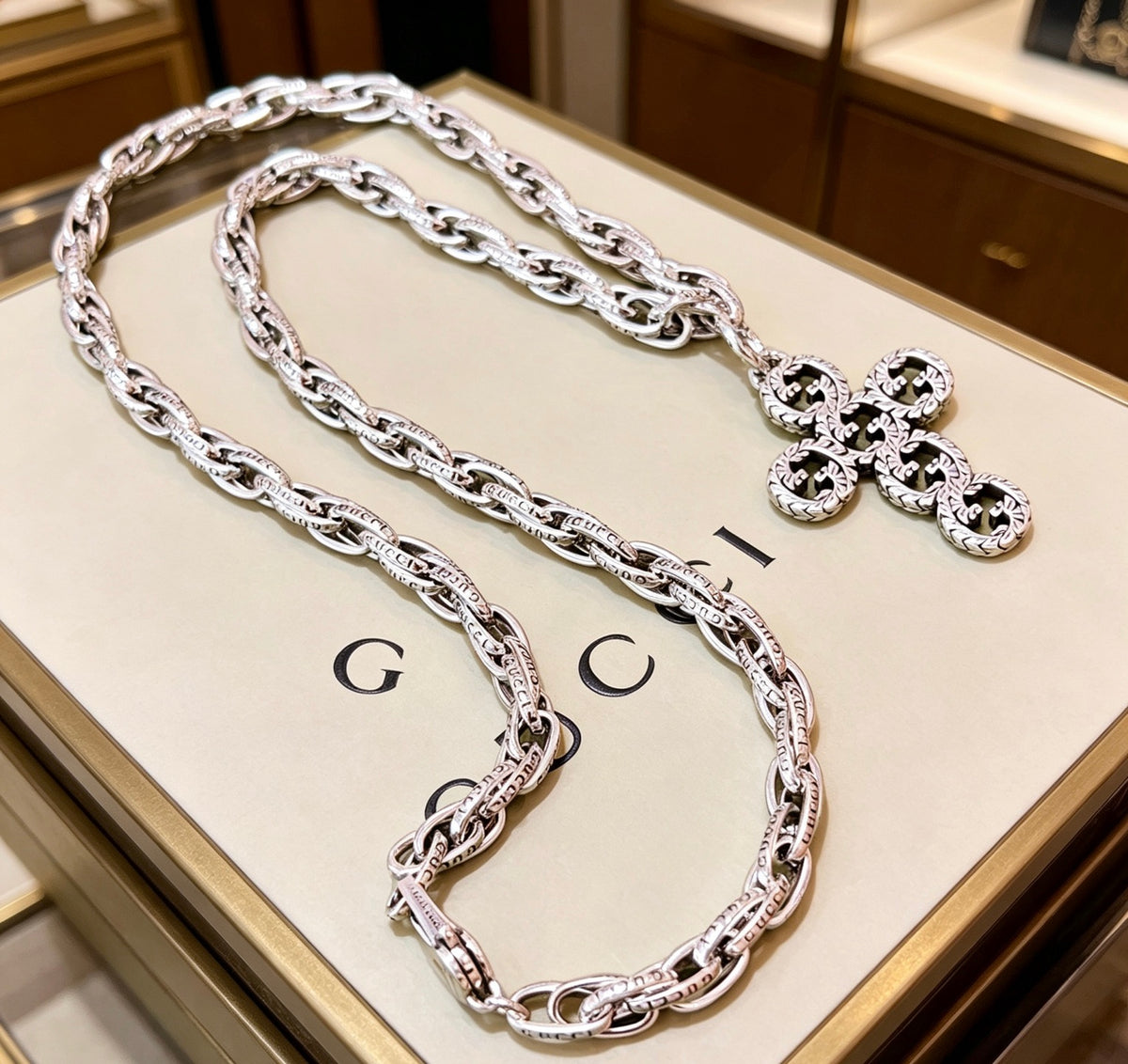 Double-G Emblem Pendant Necklace in Polished Metal-Tone – Vintage Detail – Design 039 main product view
