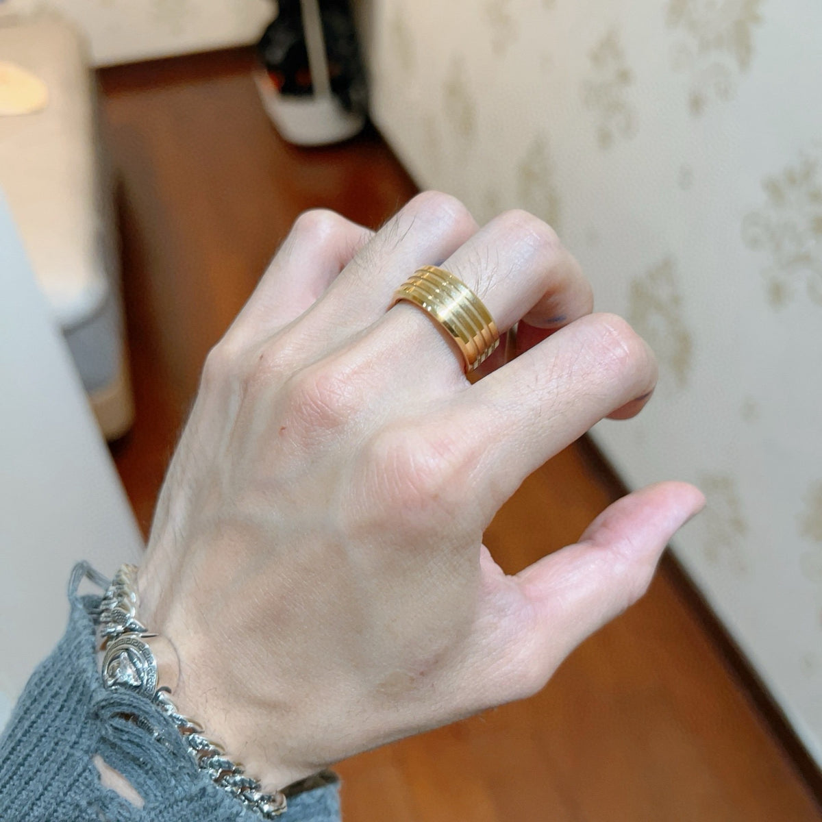 Geometric Emblem Statement Ring in Gold-Tone – Gold Detail – Design 004 detail view