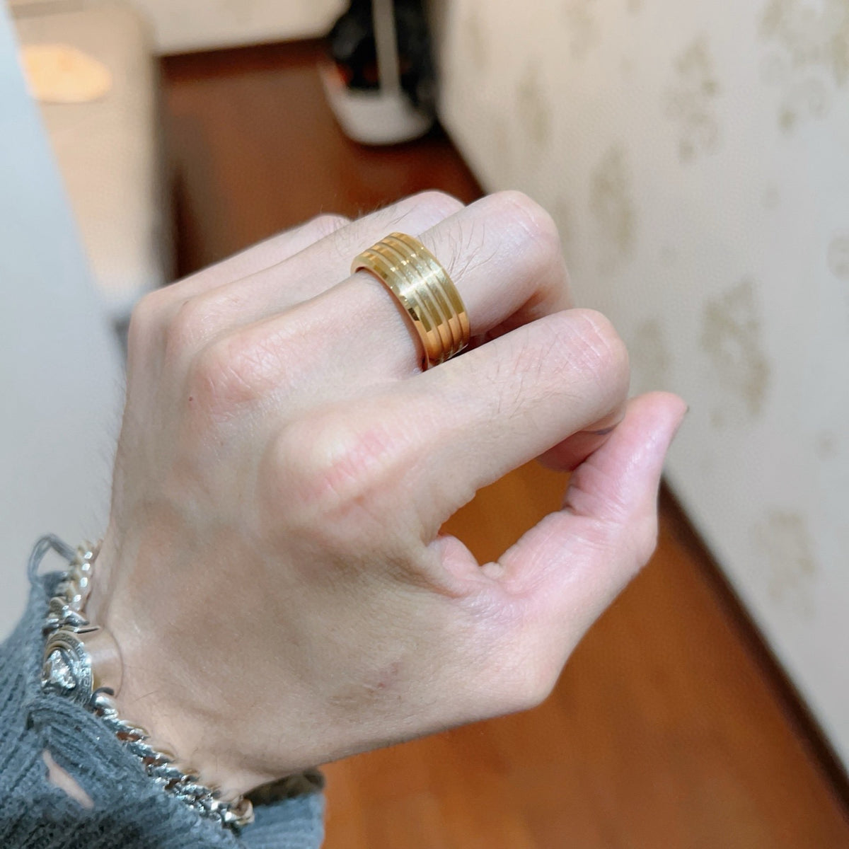 Geometric Emblem Statement Ring in Gold-Tone – Gold Detail – Design 004 styled product view