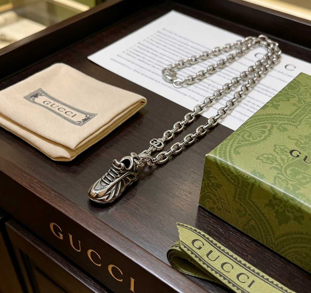 Chain Pendant Necklace in Polished Metal-Tone – Vintage Detail – Design 002 front product view