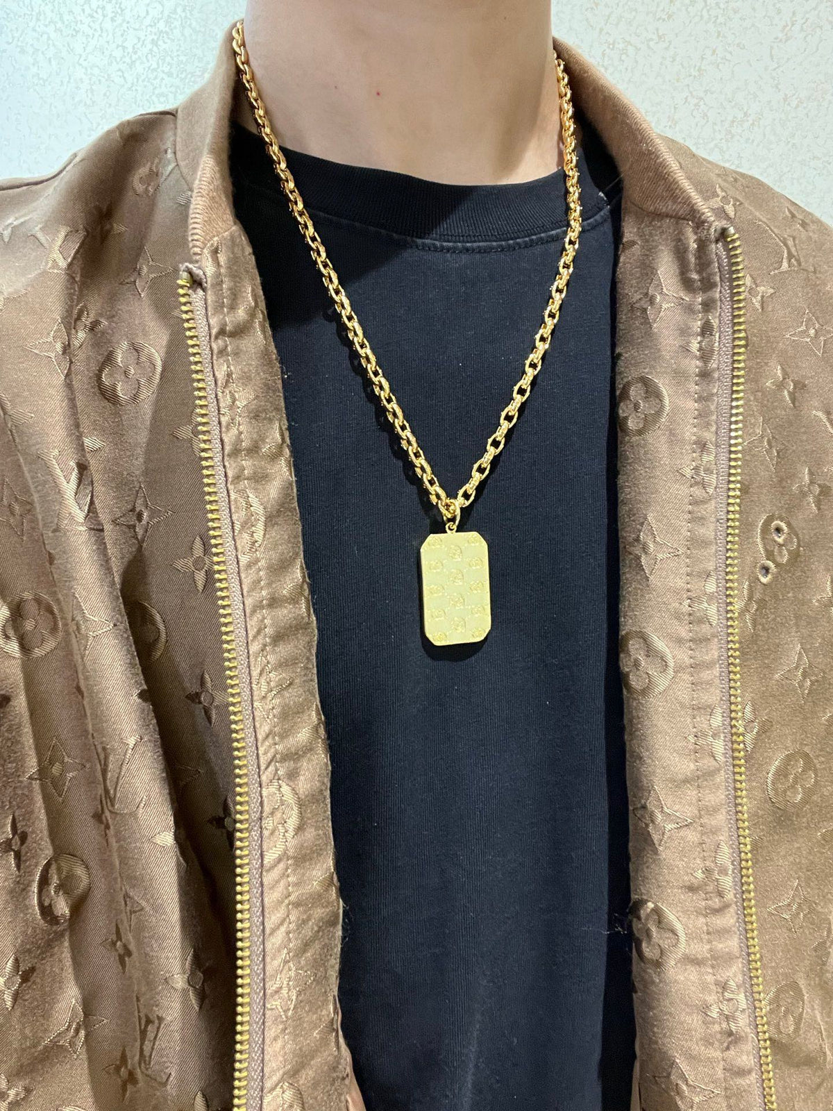Double-G Emblem Pendant Necklace in Polished Metal-Tone – Design 110 styled product view