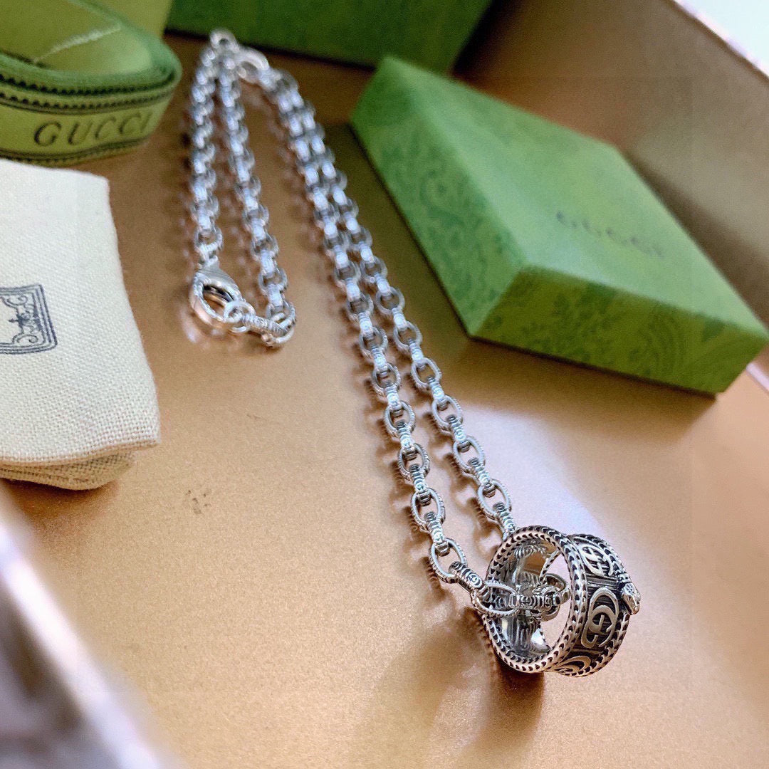 Double-G Emblem Pendant Necklace in Polished Metal-Tone – Design 109 front product view