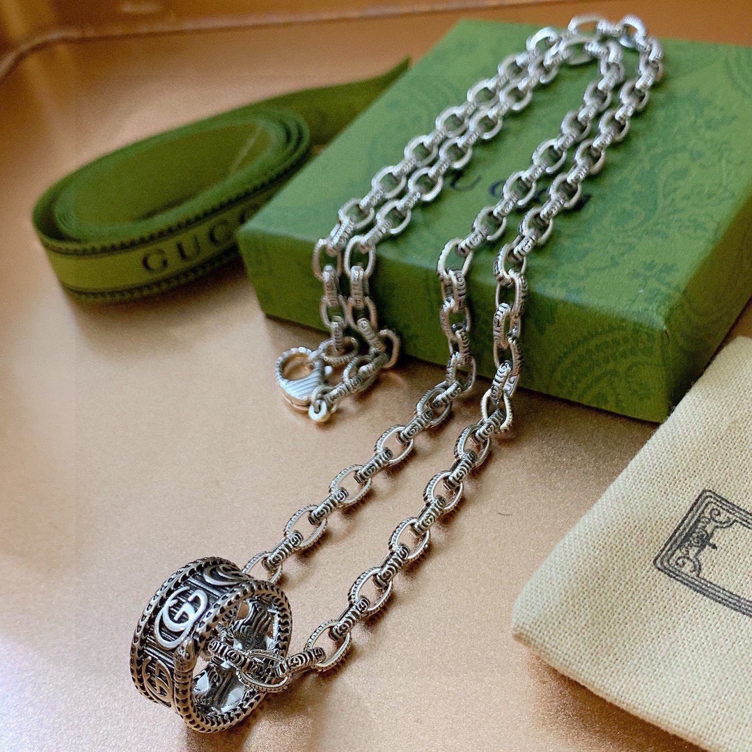 Double-G Emblem Pendant Necklace in Polished Metal-Tone – Design 109 main product view