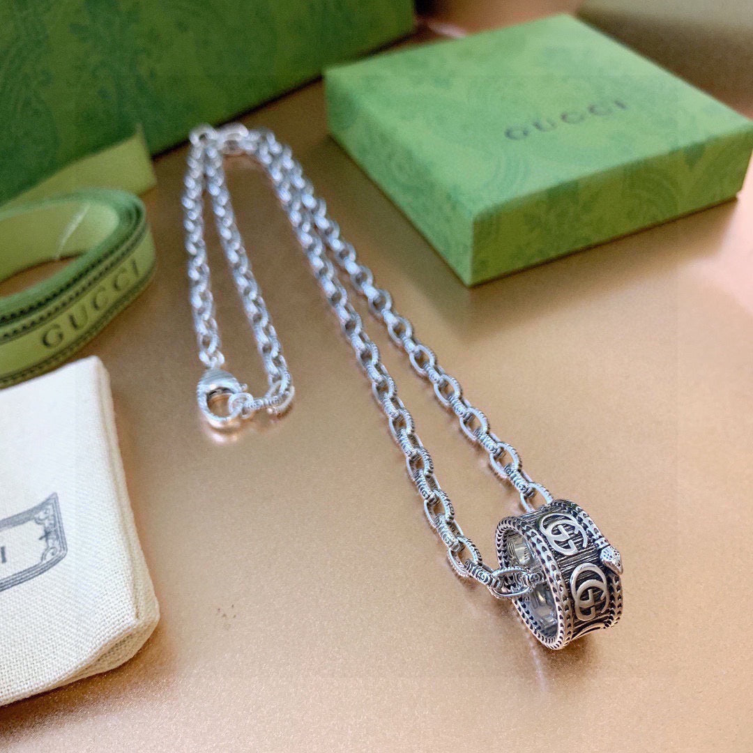 Double-G Emblem Pendant Necklace in Polished Metal-Tone – Design 109 styled product view