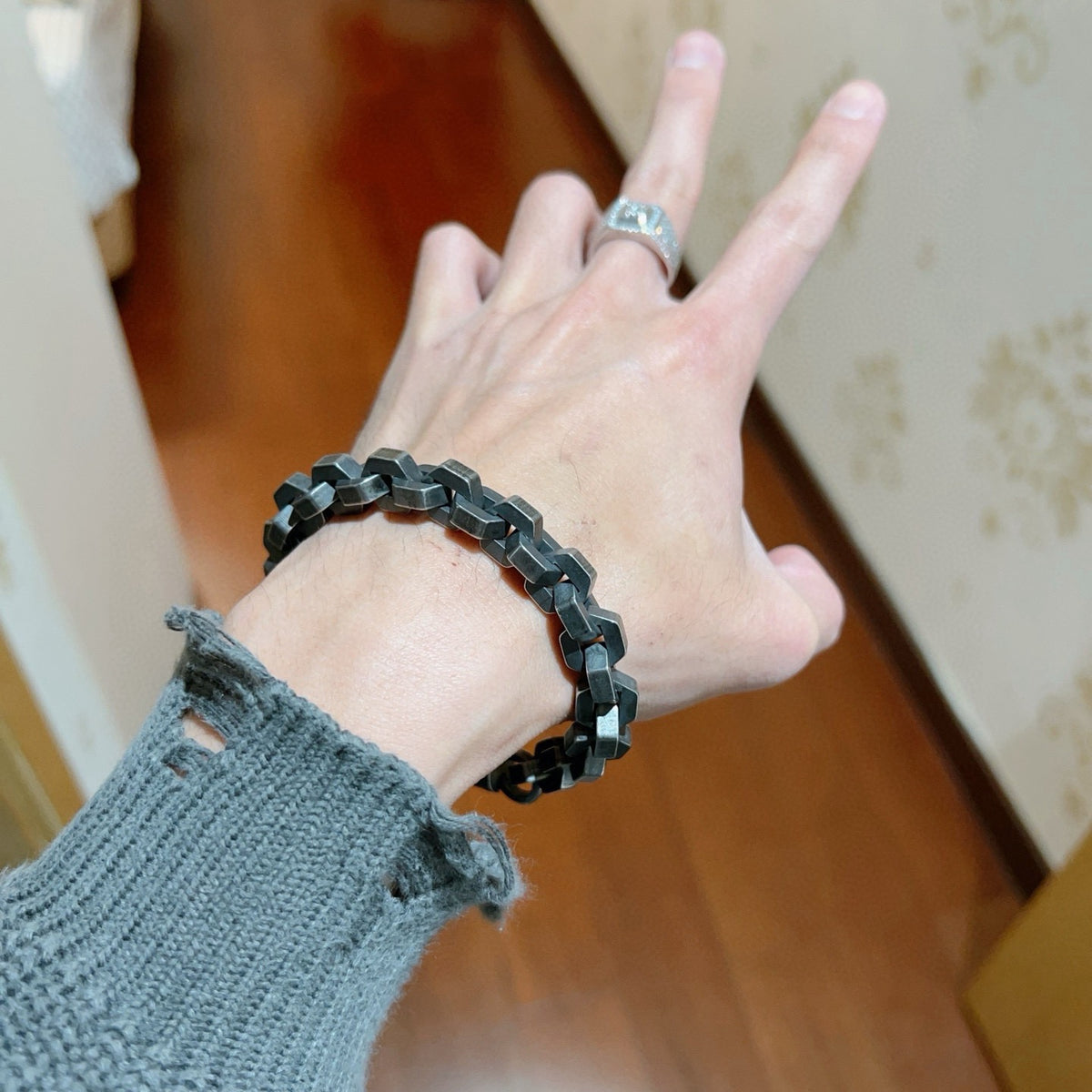Geometric Emblem Bracelet in Polished Metal-Tone – Vintage Detail – Design 005 main product view