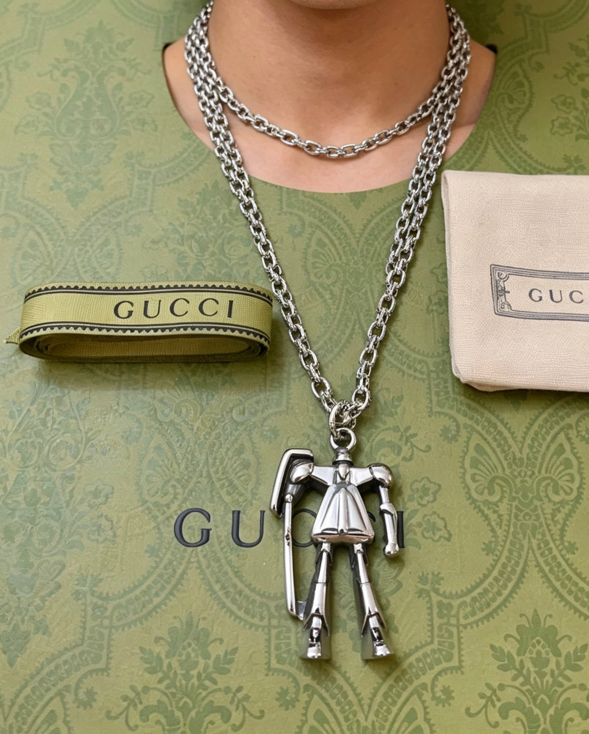 Double-G Emblem Pendant Necklace in Silver-Tone – Vintage Detail – Design 023 styled product view