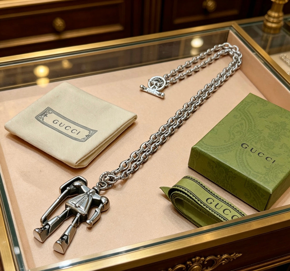 Double-G Emblem Pendant Necklace in Silver-Tone – Vintage Detail – Design 023 front product view