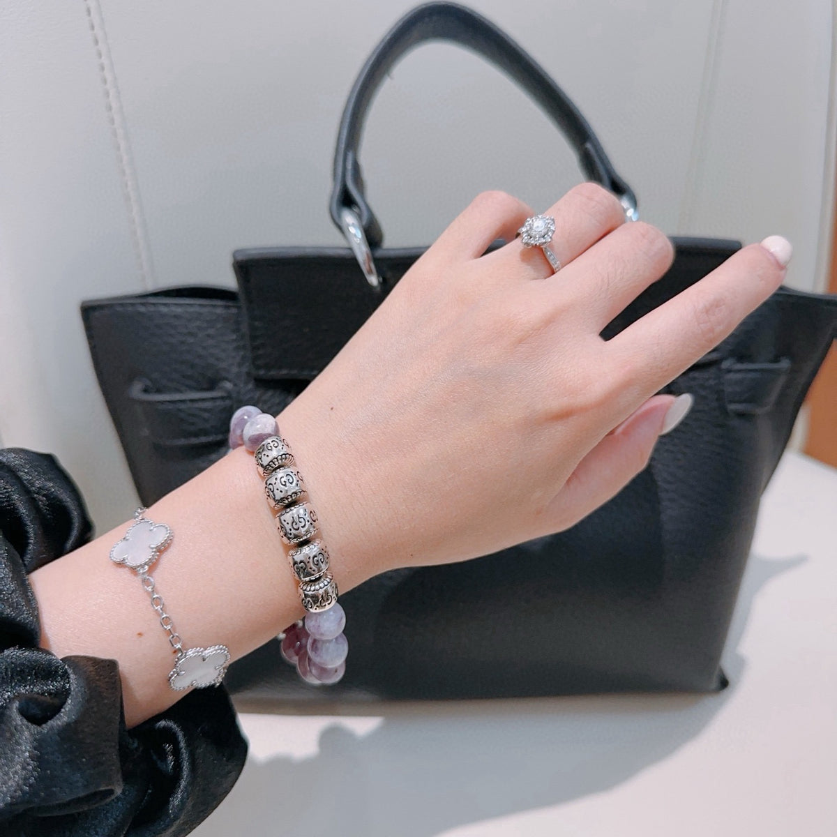 Double-G Emblem Beaded Bracelet in Polished Metal-Tone – Crystal Detail – Design 004 styled product view