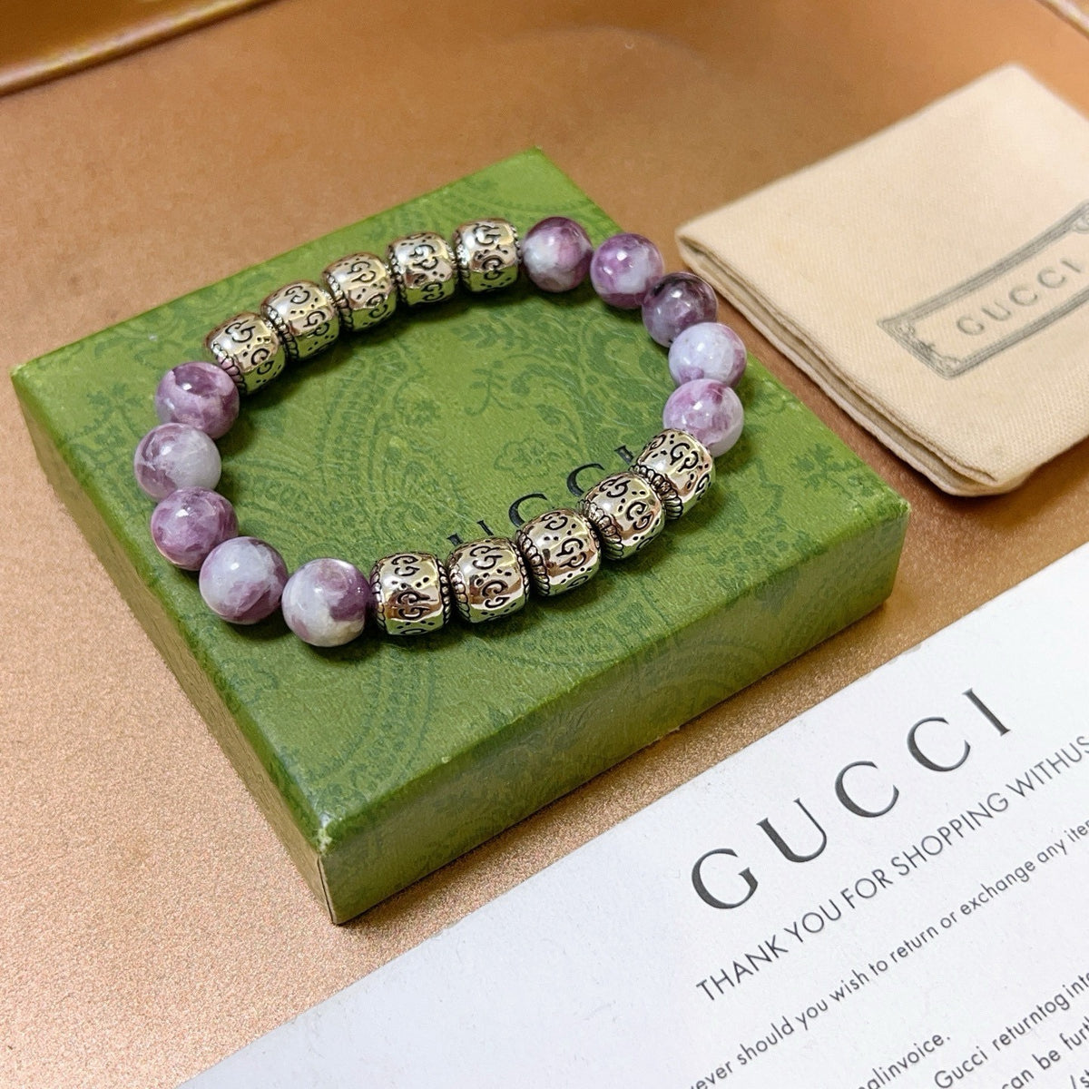 Double-G Emblem Beaded Bracelet in Polished Metal-Tone – Crystal Detail – Design 004 side detail