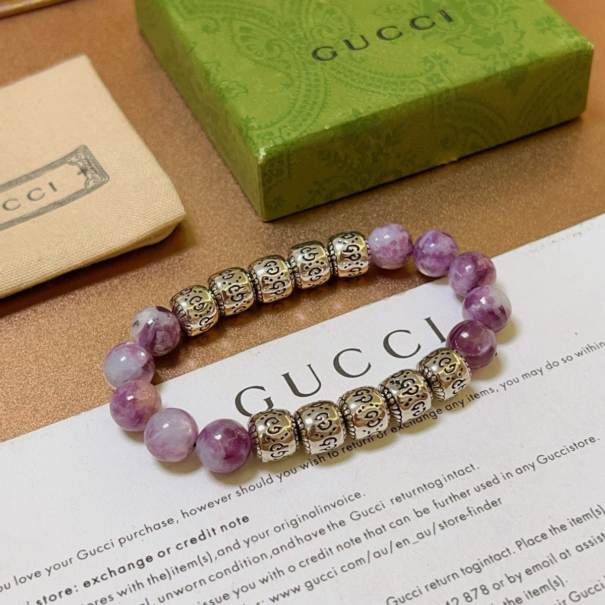 Double-G Emblem Beaded Bracelet in Polished Metal-Tone – Crystal Detail – Design 004 front product view