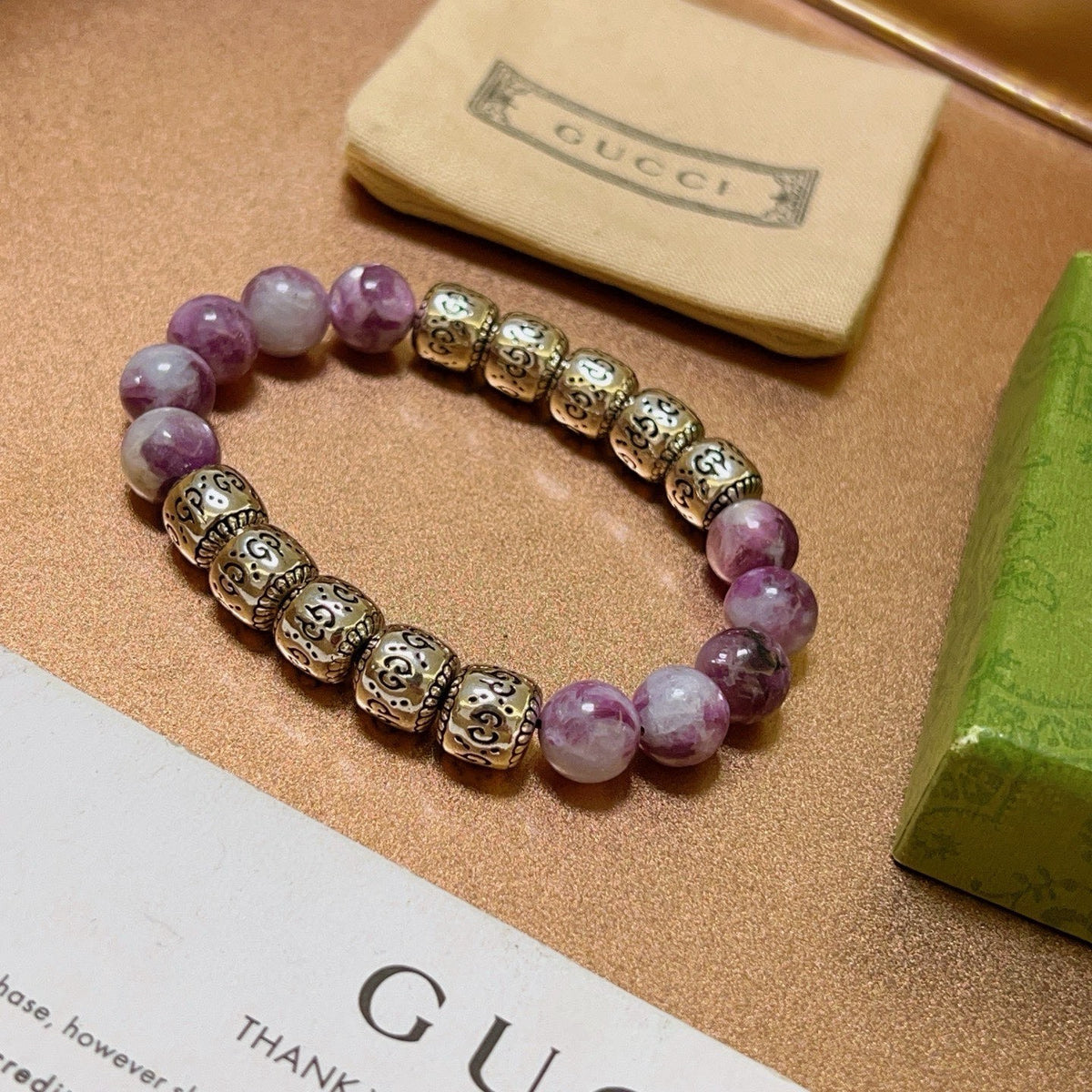 Double-G Emblem Beaded Bracelet in Polished Metal-Tone – Crystal Detail – Design 004 front product view