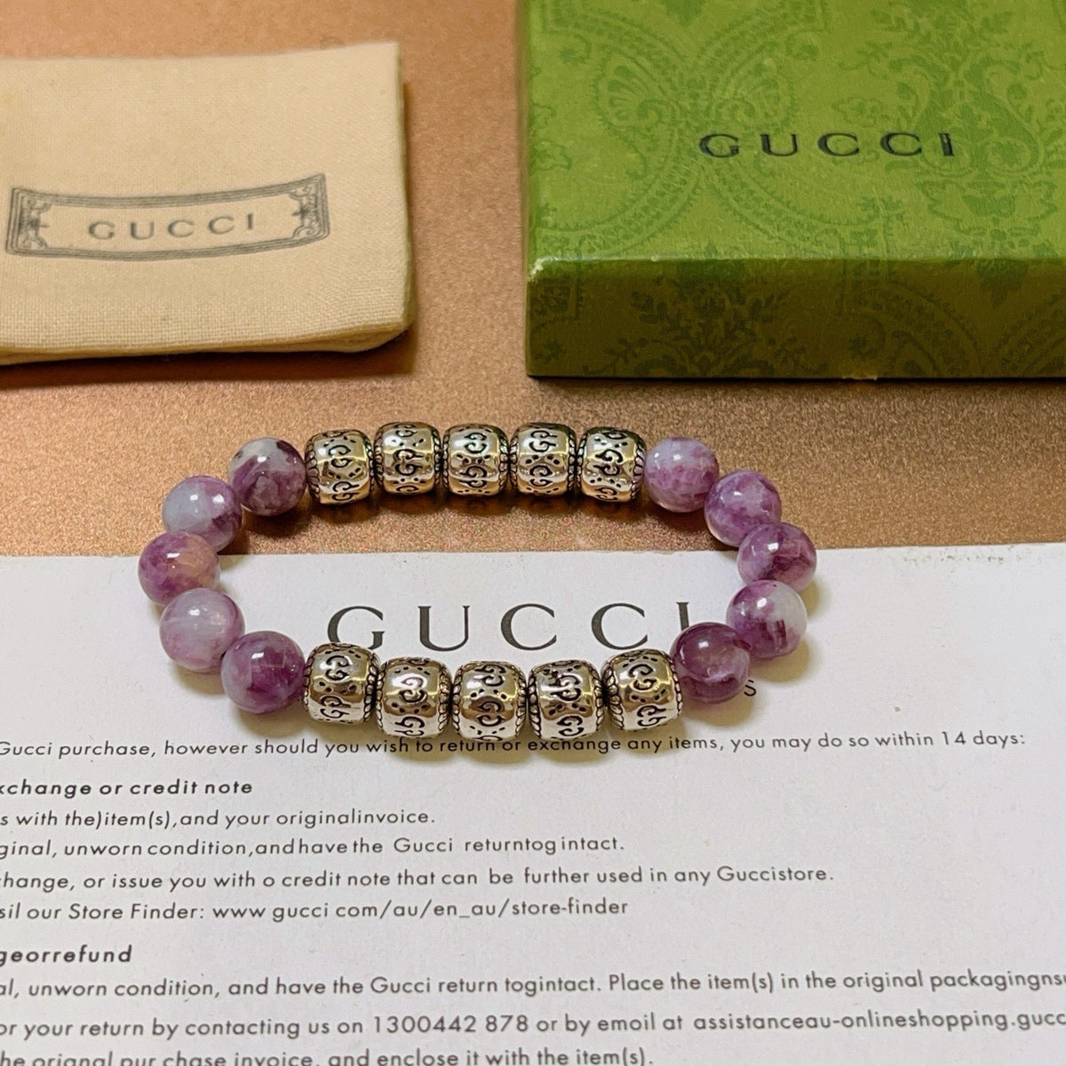 Double-G Emblem Beaded Bracelet in Polished Metal-Tone – Crystal Detail – Design 004 close-up detail