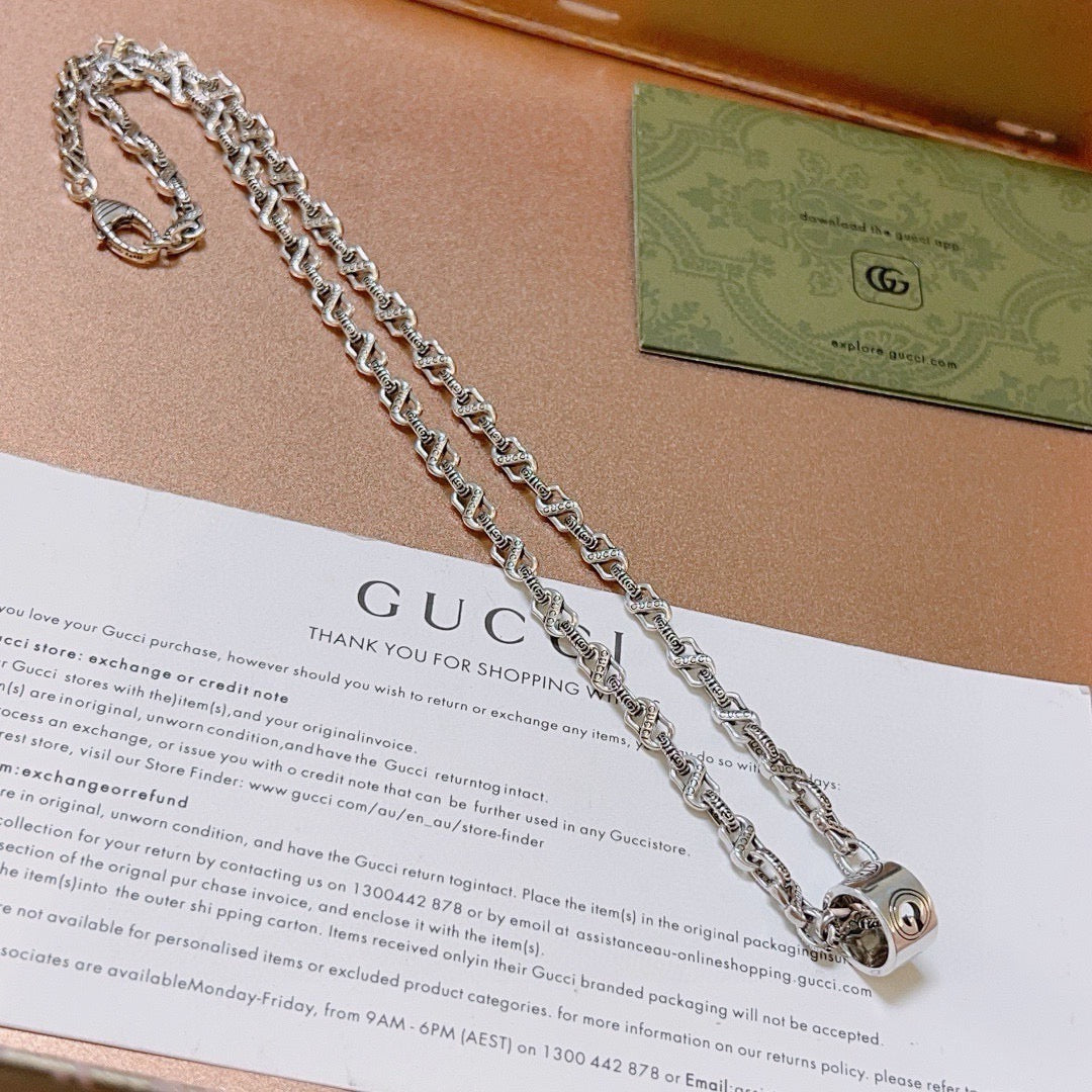 Double-G Emblem Pendant Necklace in Polished Metal-Tone – Vintage Detail – Design 012 front product view