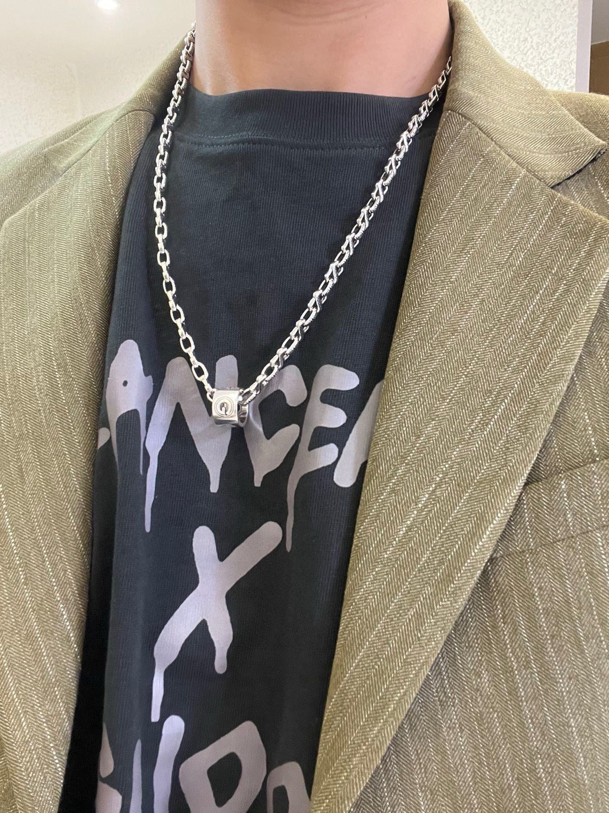 Double-G Emblem Pendant Necklace in Polished Metal-Tone – Vintage Detail – Design 012 styled product view