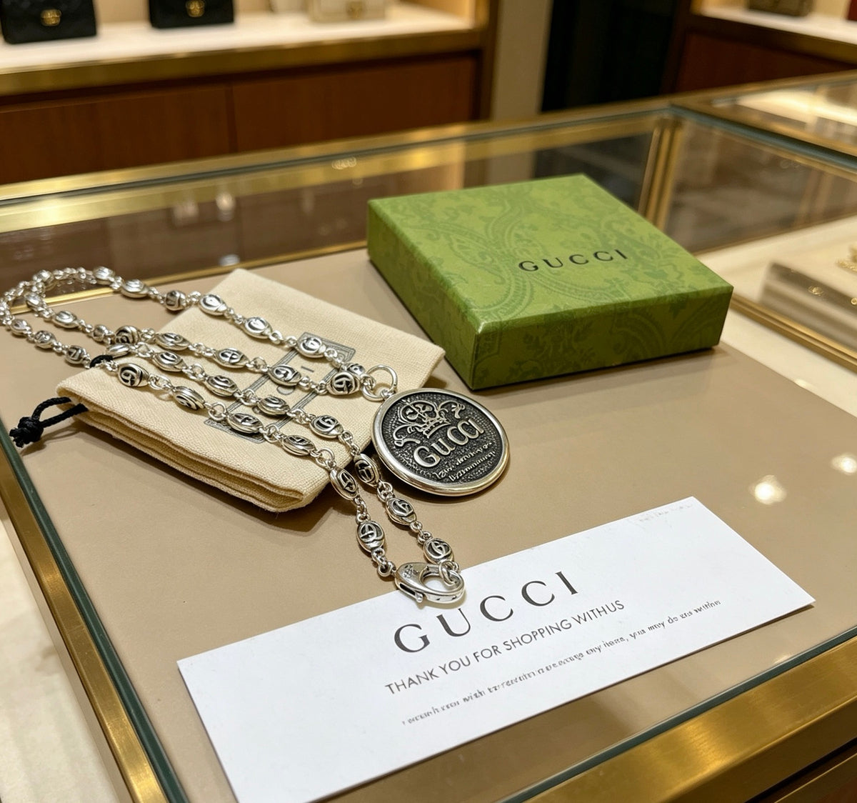 Double-G Emblem Pendant Necklace in Polished Metal-Tone – Design 030 close-up detail