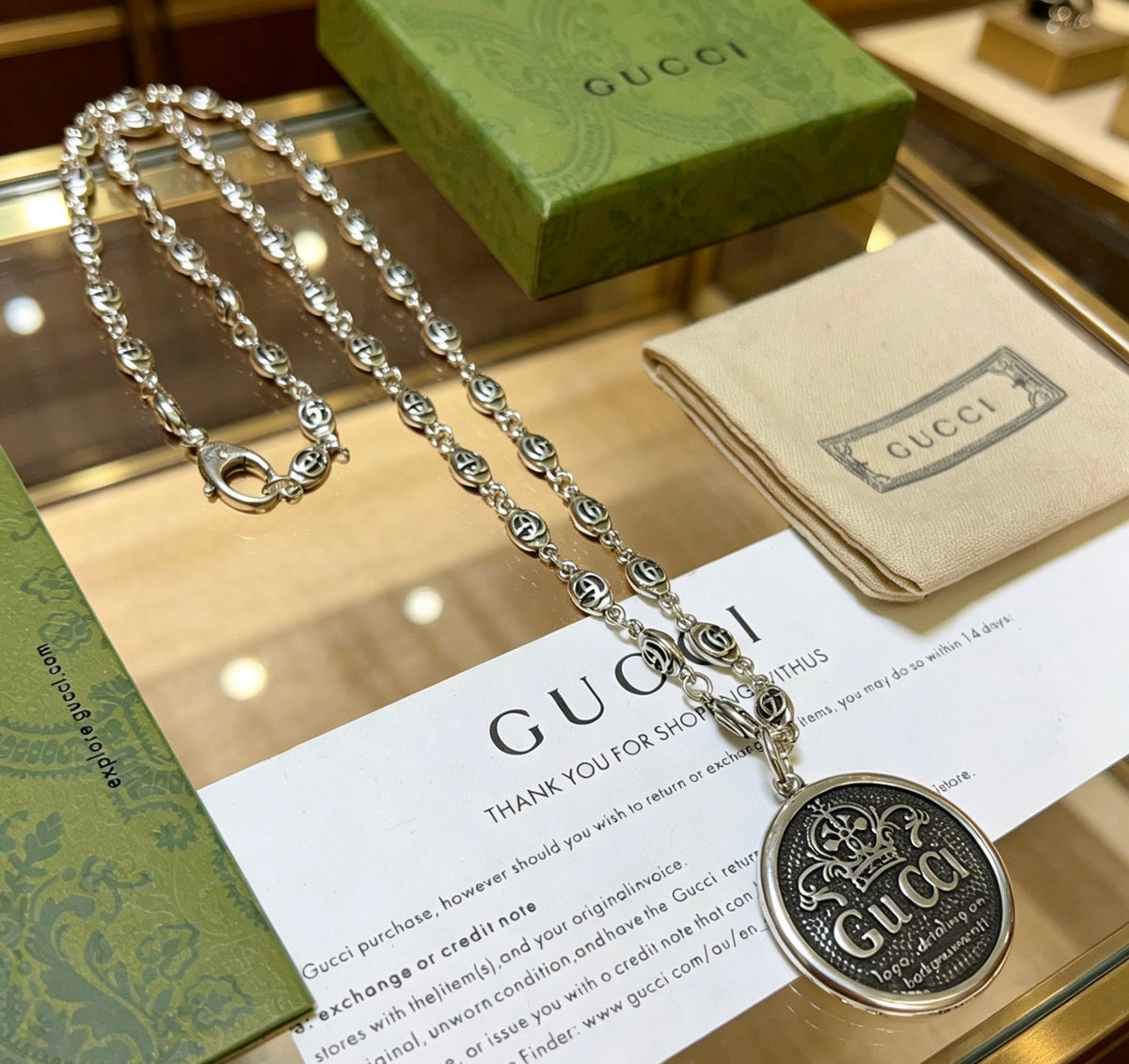 Double-G Emblem Pendant Necklace in Polished Metal-Tone – Design 030 main product view