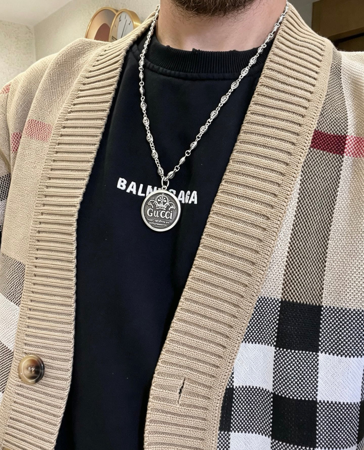 Double-G Emblem Pendant Necklace in Polished Metal-Tone – Design 030 detail view