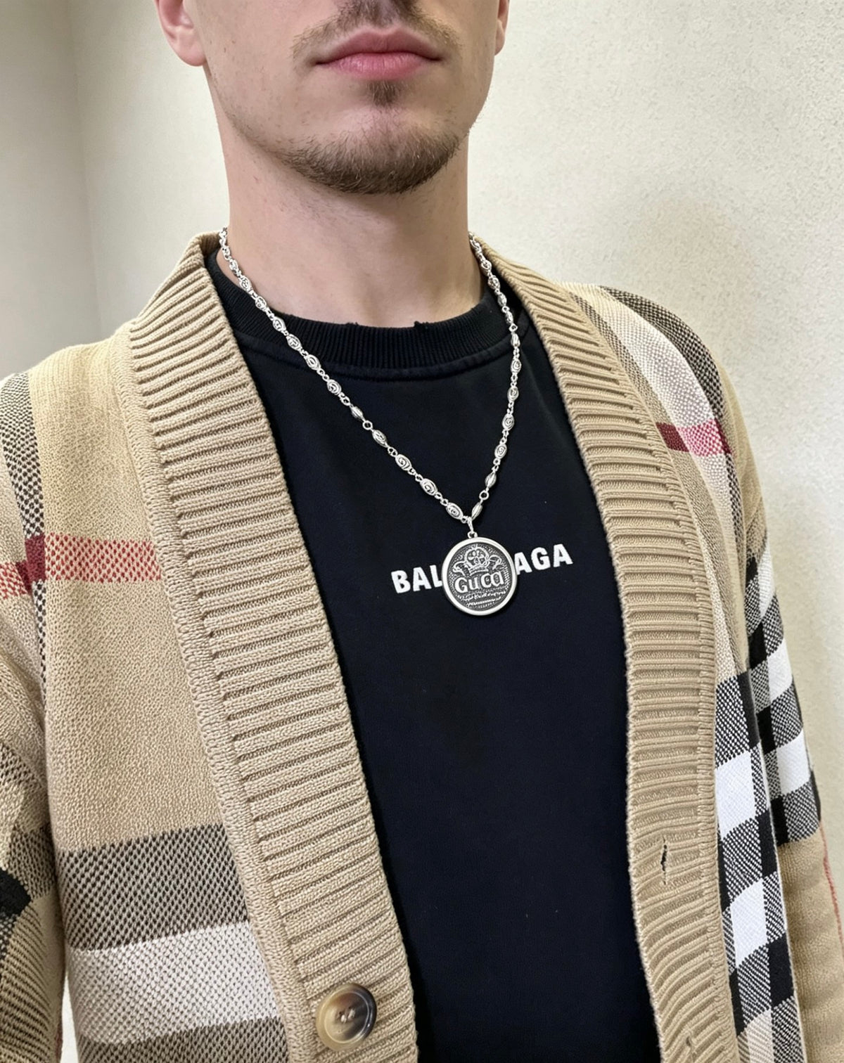 Double-G Emblem Pendant Necklace in Polished Metal-Tone – Design 101 styled product view