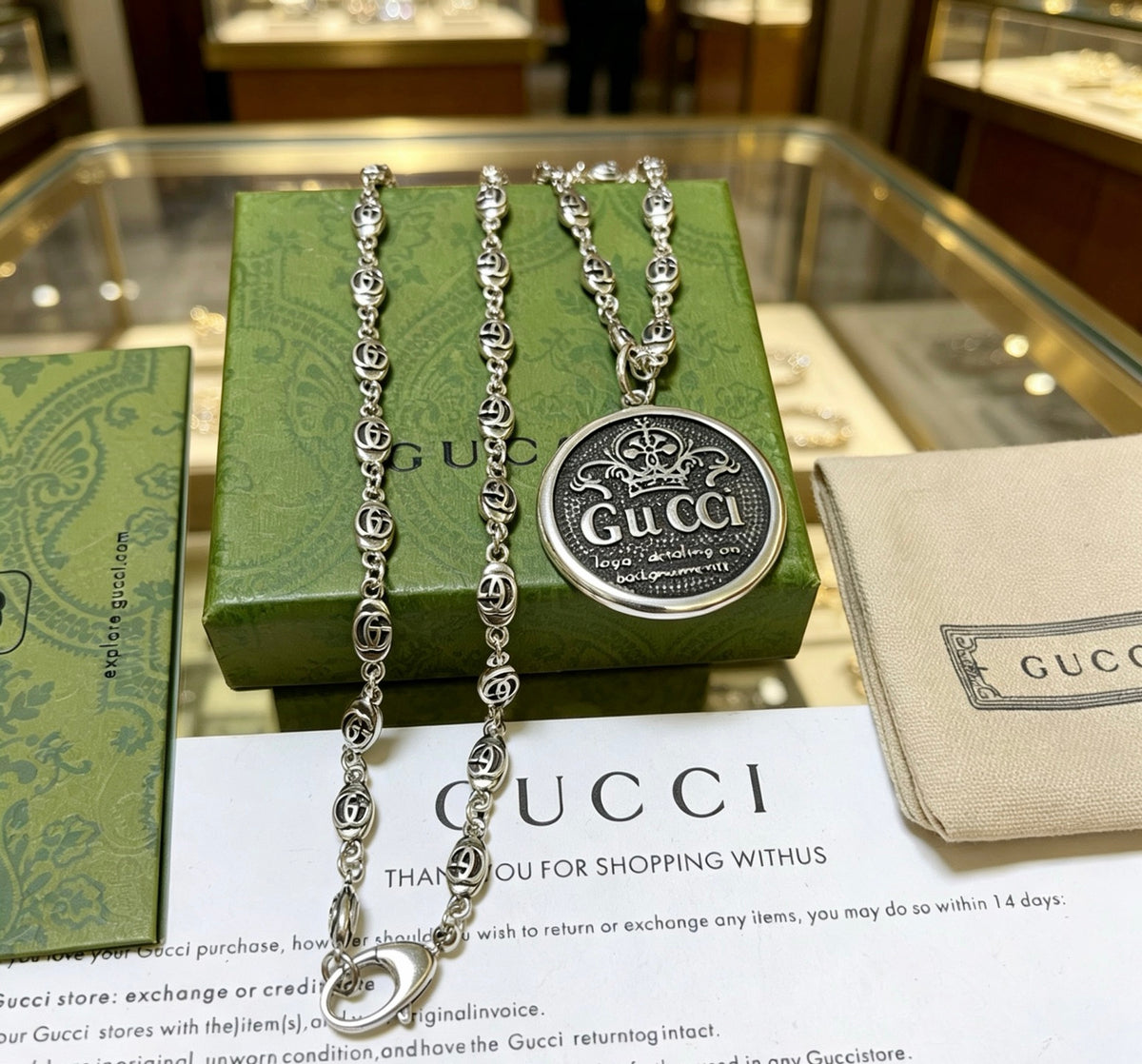 Double-G Emblem Pendant Necklace in Polished Metal-Tone – Design 030 front product view