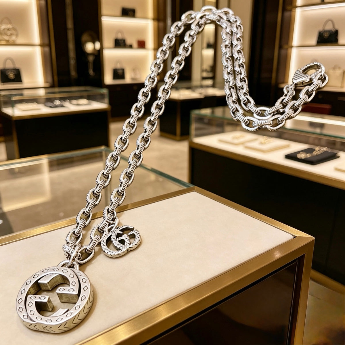 Double-G Emblem Pendant Necklace in Polished Metal-Tone – Vintage Detail – Design 011 side detail