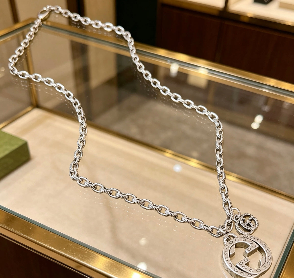 Double-G Emblem Pendant Necklace in Polished Metal-Tone – Vintage Detail – Design 011 main product view