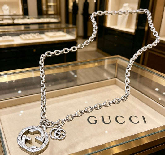 Double-G Emblem Pendant Necklace in Polished Metal-Tone – Vintage Detail – Design 011 main product view