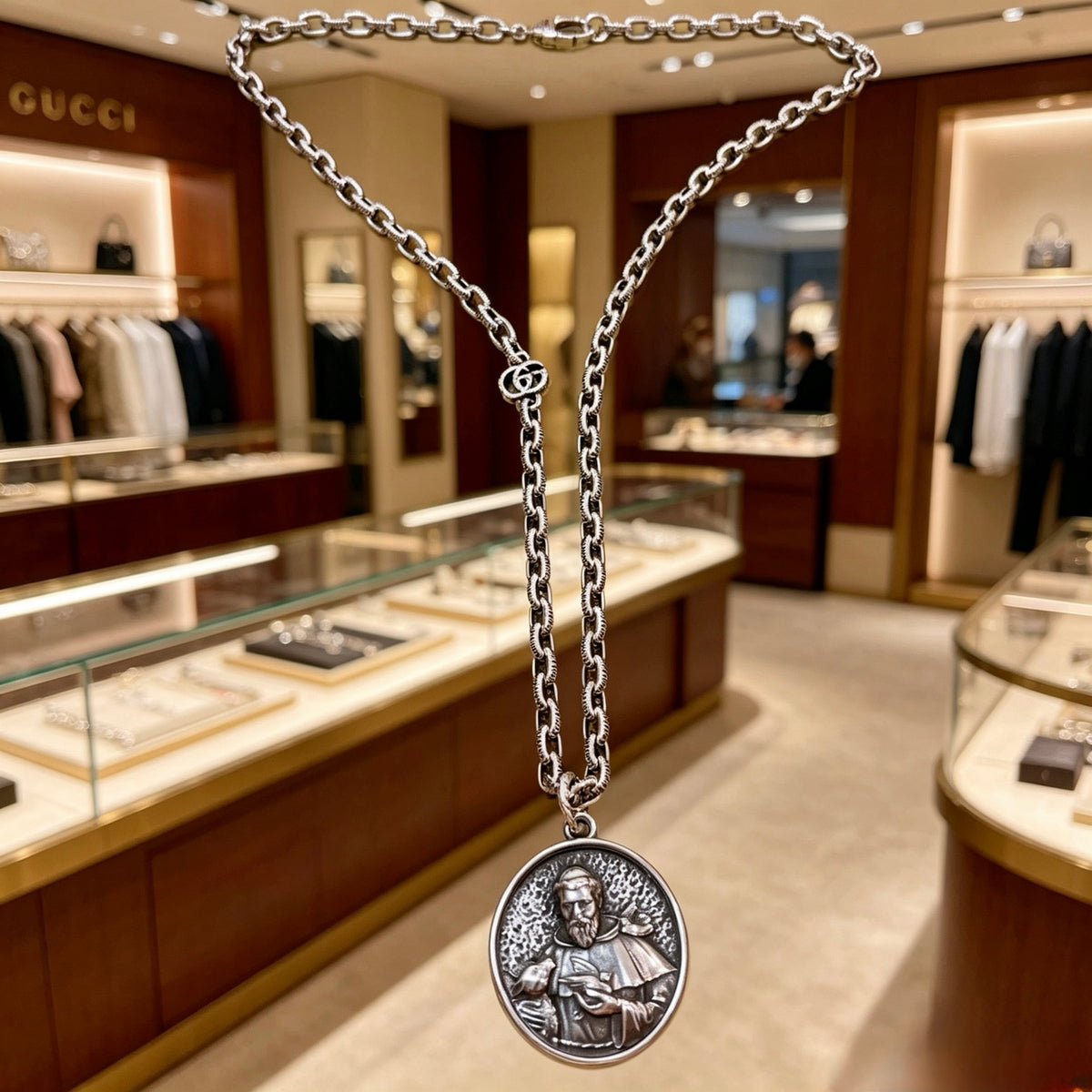 Double-G Emblem Pendant Necklace in Polished Metal-Tone – Design 028 styled product view