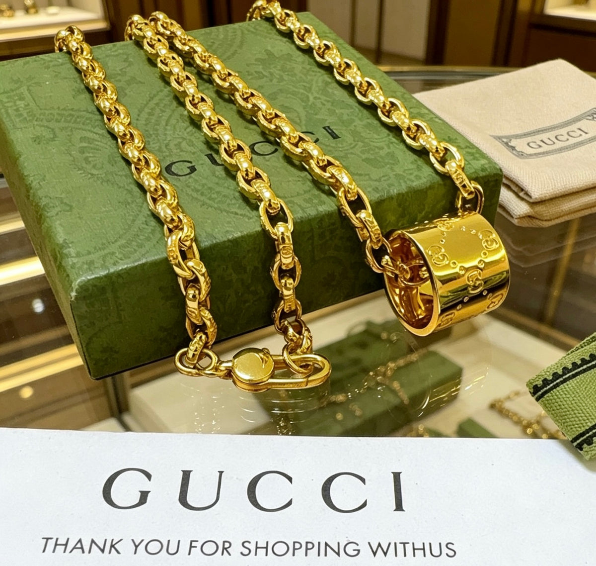 Double-G Emblem Pendant Necklace in Gold-Tone – Design 005 front product view