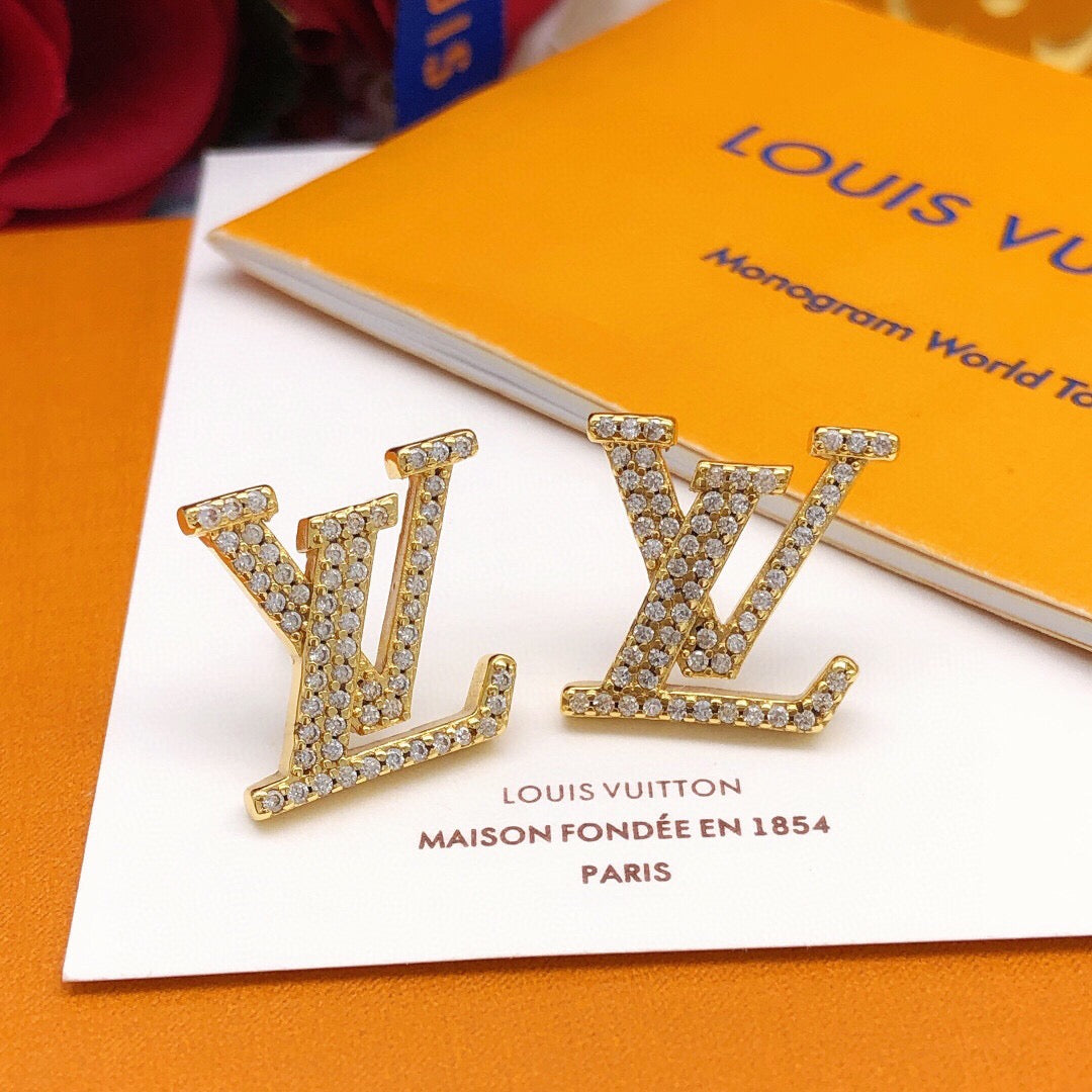 Letter Emblem Stud Earrings in Silver-Tone – Silver Detail – Design 006 main product view