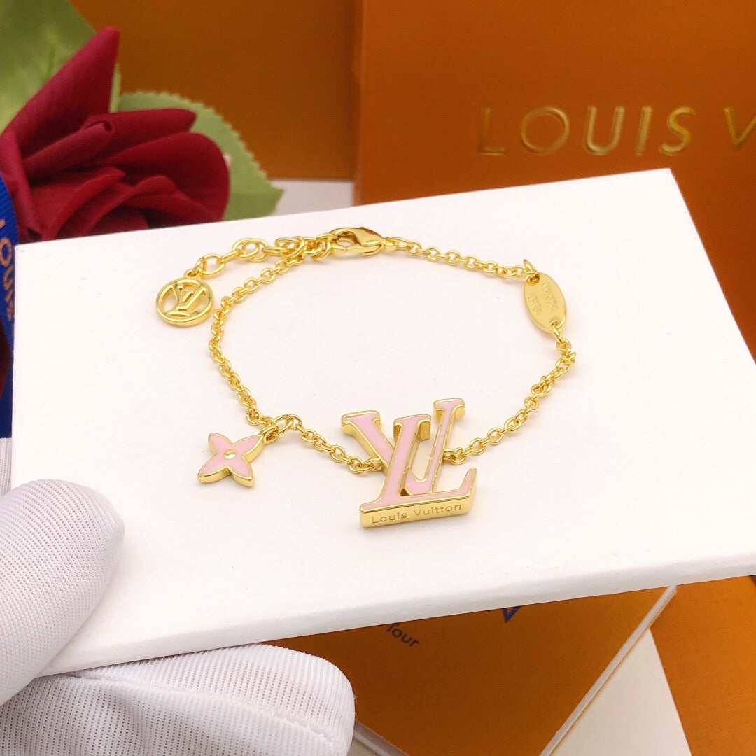 Geometric Emblem Bracelet in Gold-Tone – Pink Detail – Design 003 front product view