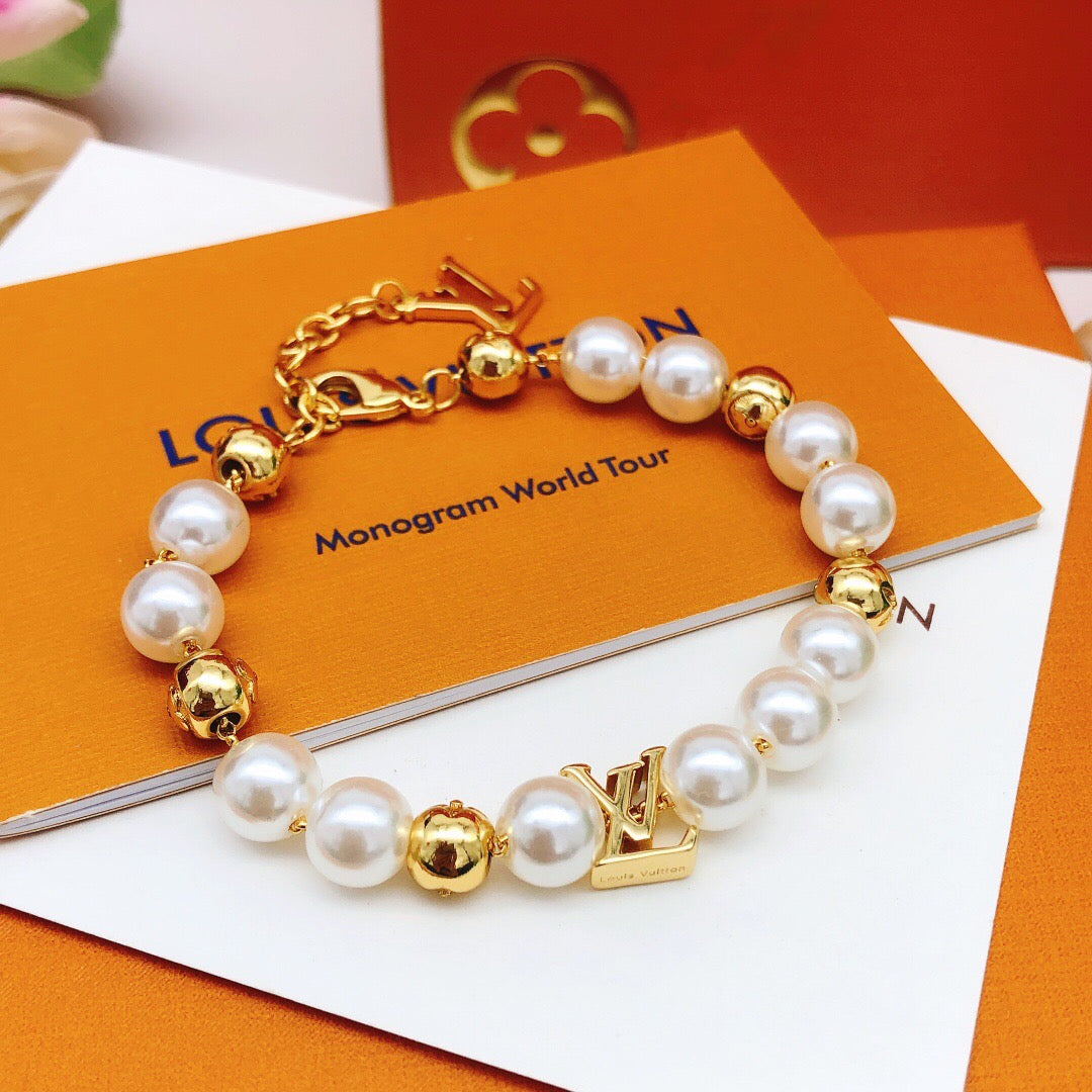 Geometric Emblem Bracelet in Gold-Tone – Pearl Detail – Design 003 front product view