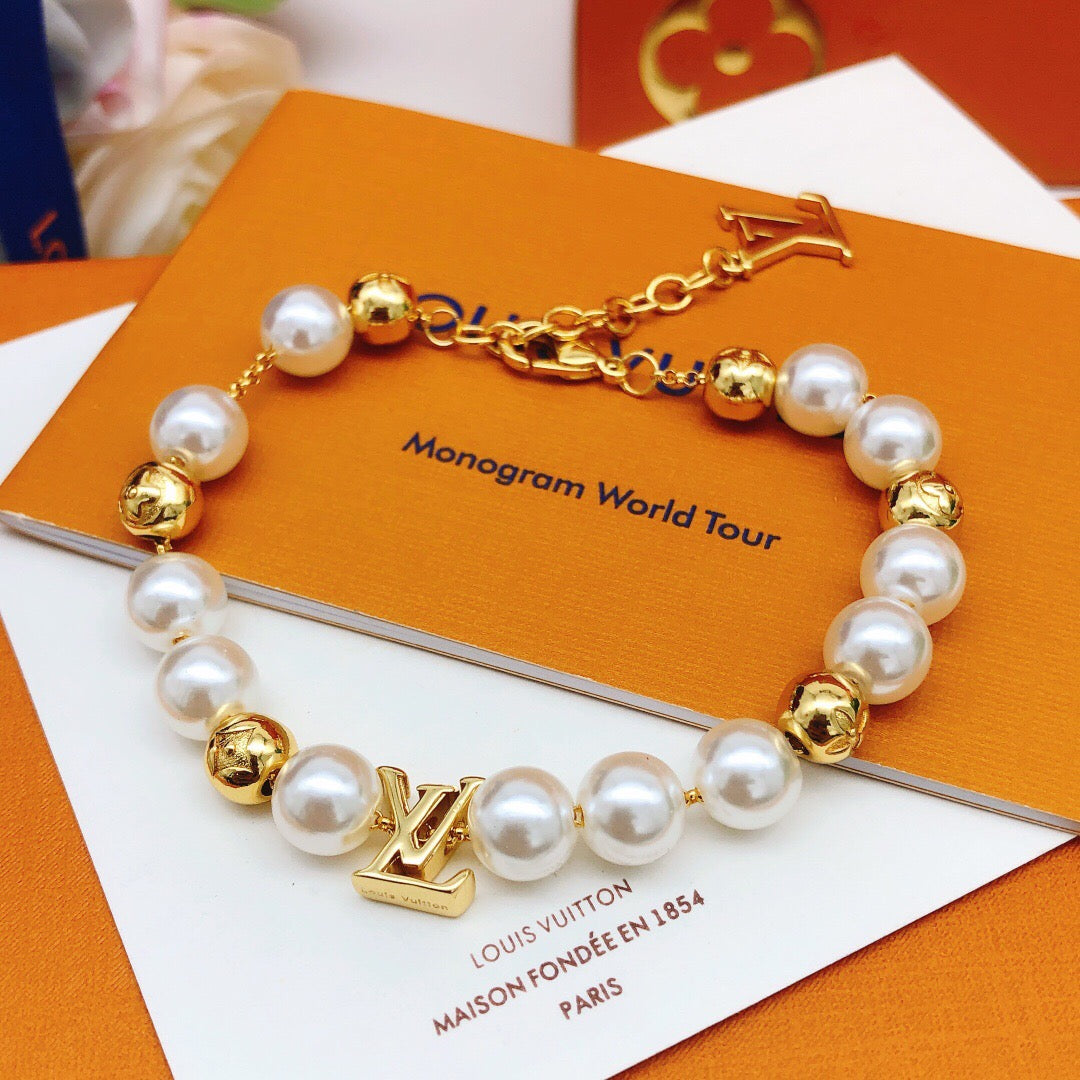 Geometric Emblem Bracelet in Gold-Tone – Pearl Detail – Design 003 main product view