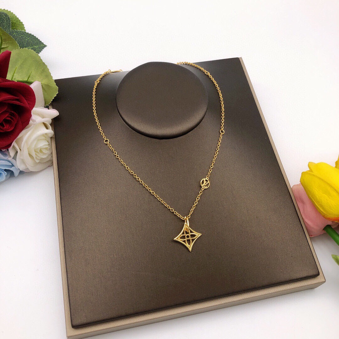 Geometric Emblem Pendant Necklace in Gold-Tone – Design 035 front product view