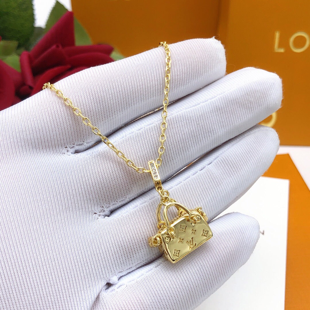 Bag Motif Pendant Necklace in Polished Metal-Tone – Bag Detail styled product view