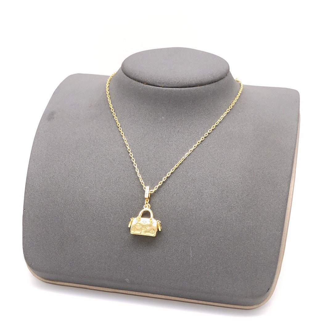Bag Motif Pendant Necklace in Polished Metal-Tone – Bag Detail front product view