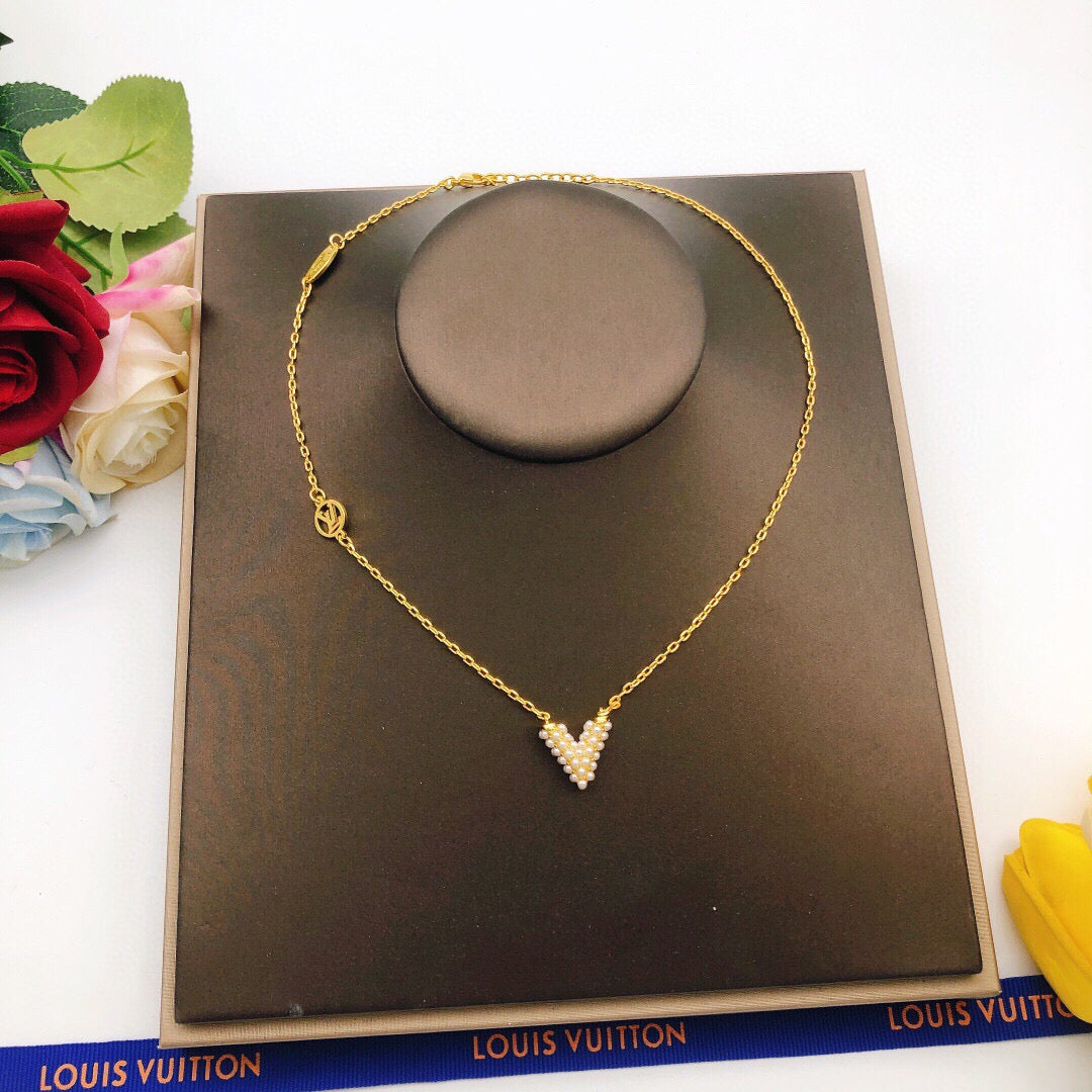 Geometric Emblem Pendant Necklace in Gold-Tone – Pearl Detail front product view