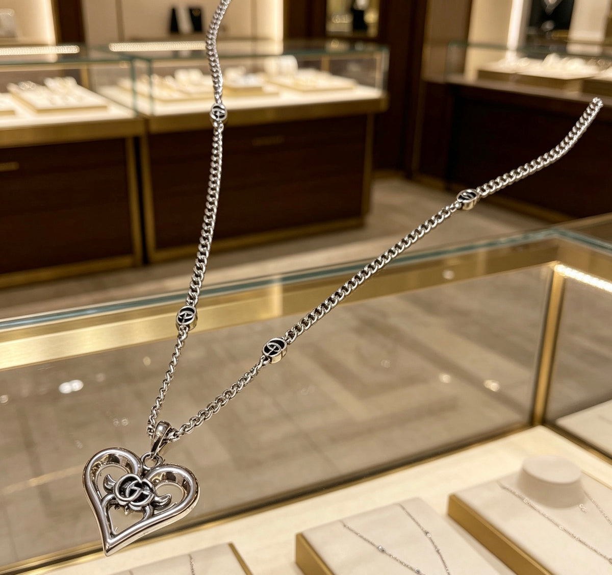 Double-G Emblem Pendant Necklace in Polished Metal-Tone – Design 091 front product view
