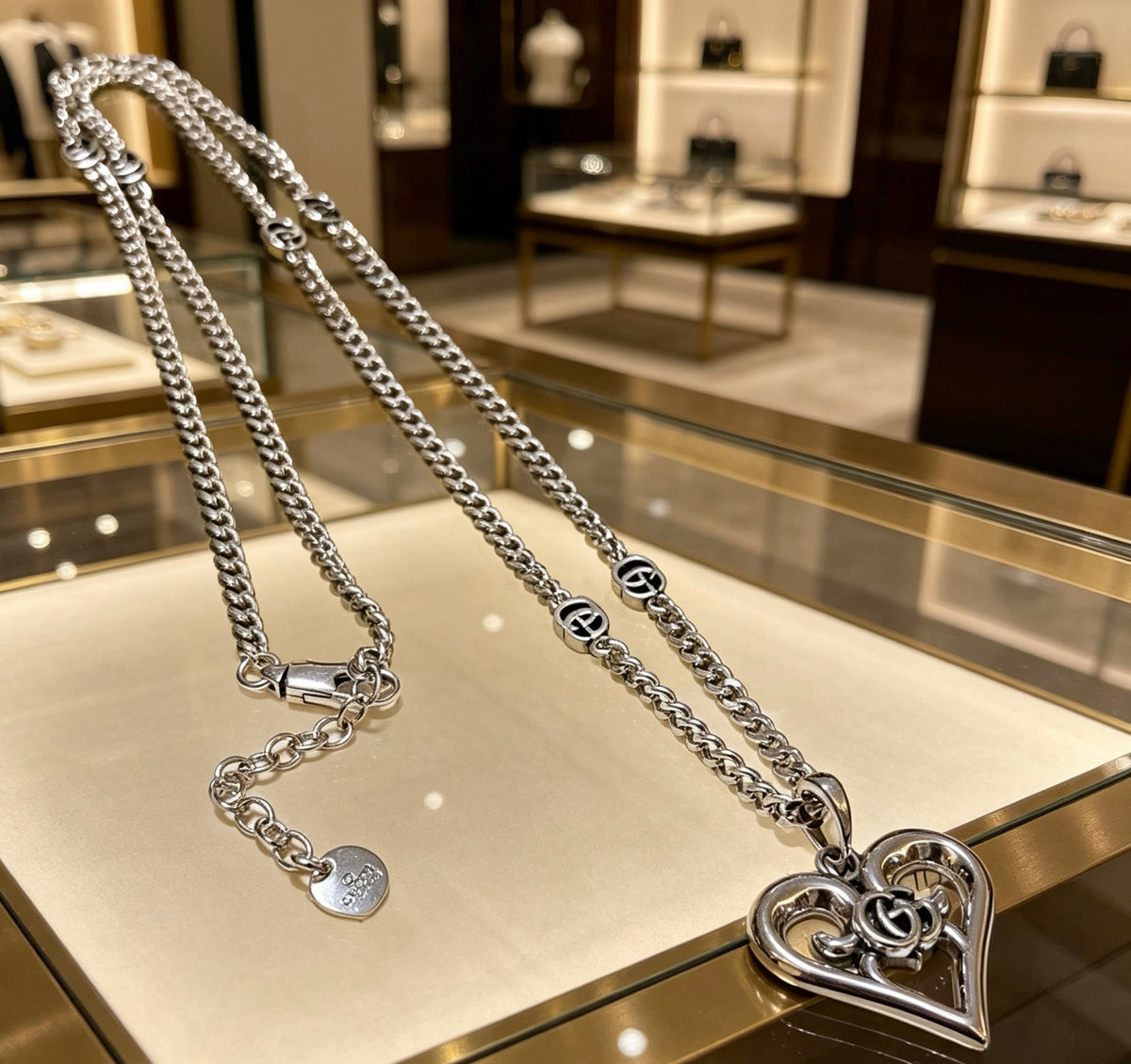 Double-G Emblem Pendant Necklace in Polished Metal-Tone – Design 080 main product view