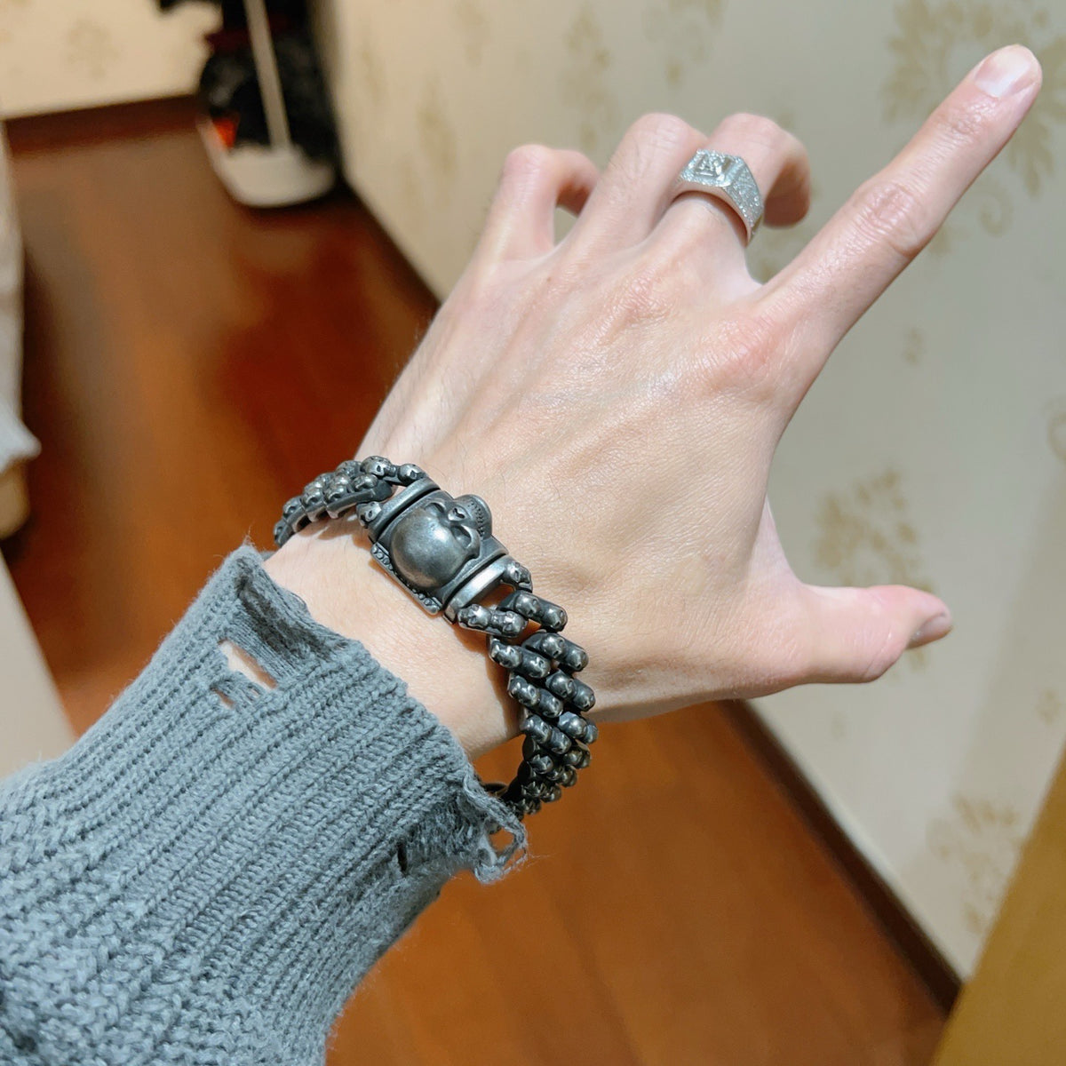 Geometric Emblem Bracelet in Polished Metal-Tone – Vintage Detail – Design 003 detail view