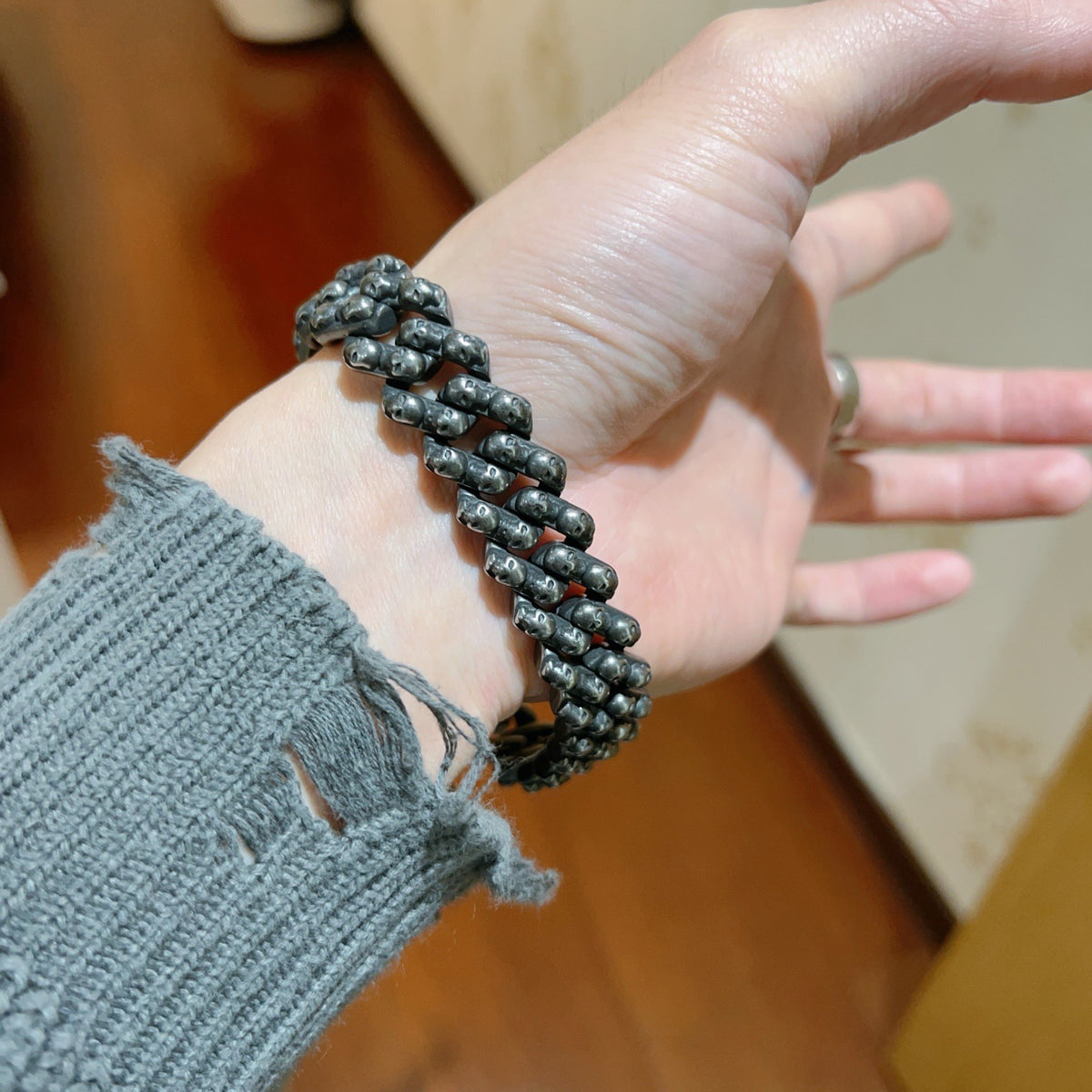 Geometric Emblem Bracelet in Polished Metal-Tone – Vintage Detail – Design 003 side detail